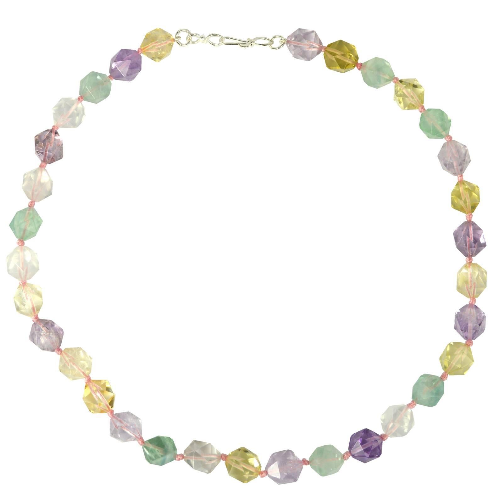 Amethyst, Citrine, Lemon quartz, Rose Quartz and Prehnite Faceted 10mm star cut with a 40mm Sterling Silver hook Clasp, hand knotted for strength and durability.

Finished necklace measures 47.5cm.


Custom modification available on request
Hand