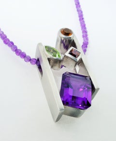 Amethyst Citrine Peridot and Garnet Pendant Necklace Fine Estate Jewelry