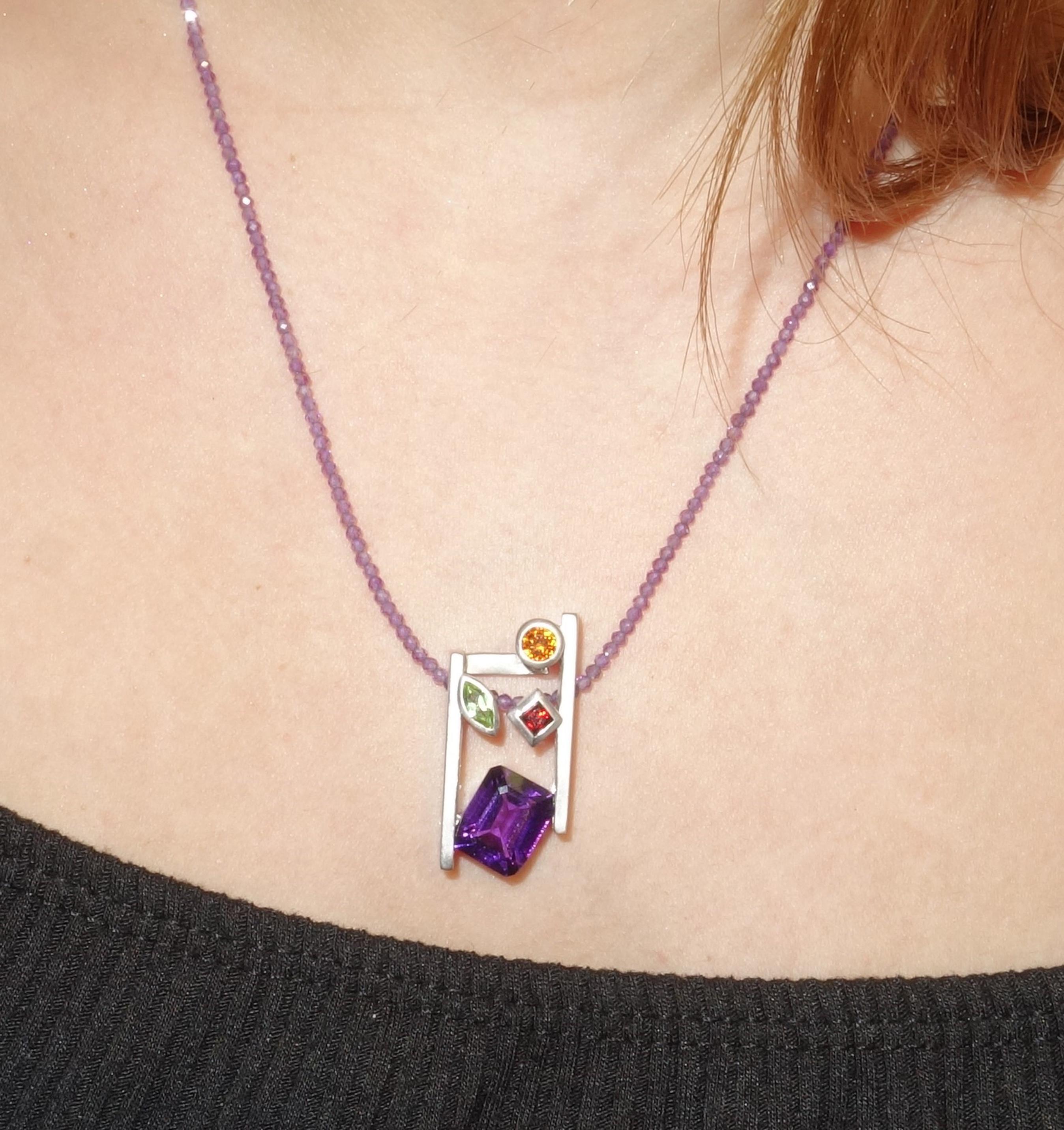 Contemporary Amethyst Citrine Peridot and Garnet Pendant Necklace Fine Estate Jewelry For Sale