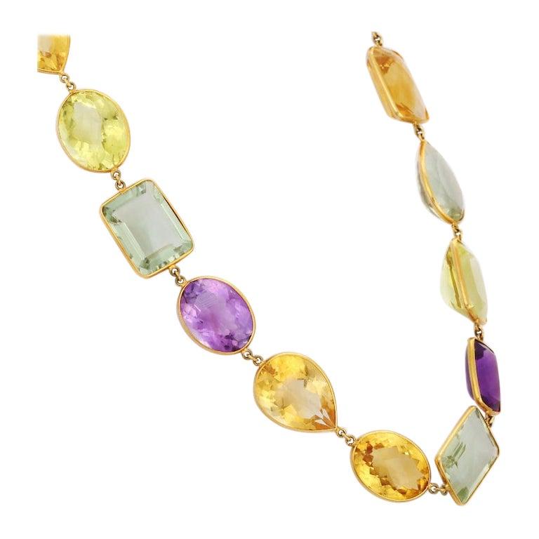 Collana con più pietre preziose in ametista, citrino, peridoto e topazio in oro giallo massiccio 18 ct. In condizioni Nuovo in vendita a New York, NY