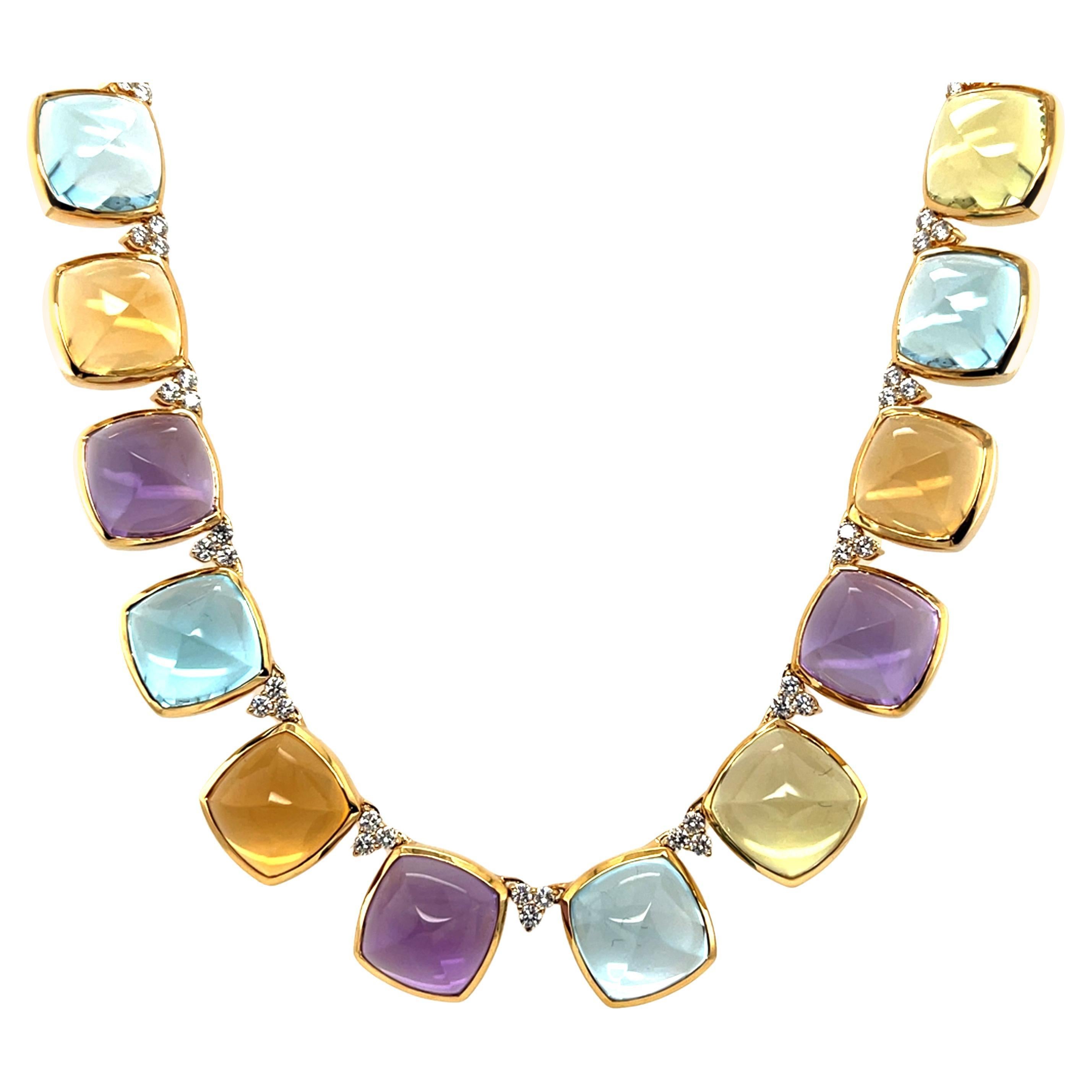 Amethyst, Citrine, Prasiolite and Topaz Cabochon Necklace with Diamonds 18K Gold