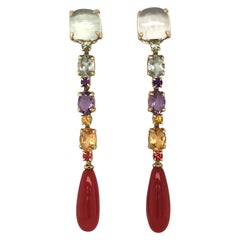 Amethyst, Citrine, Sapphire and Coral on Yellow Gold Chandelier Earrings
