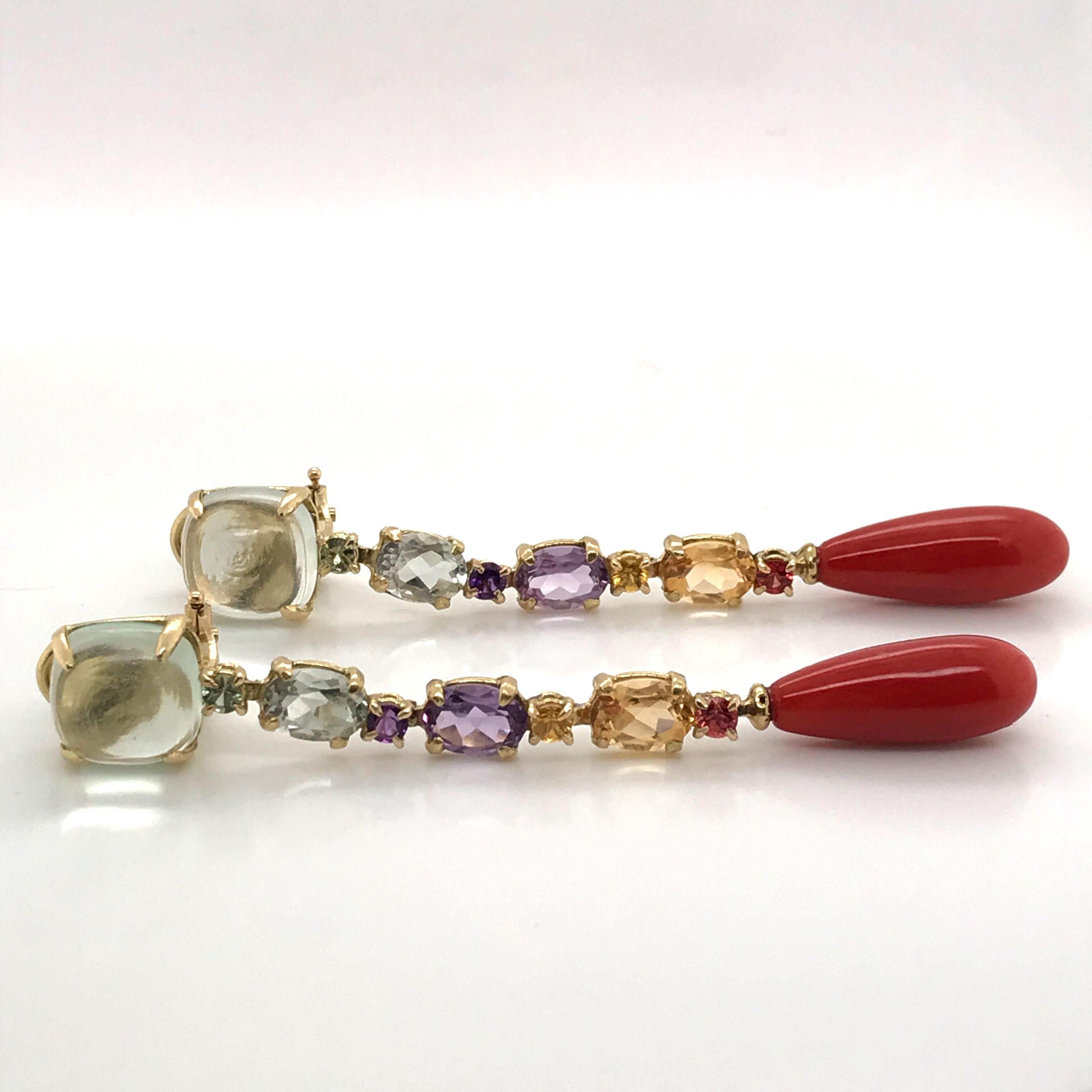 Amethyst, Citrine Sapphire Coral Chandelier Earrings Yellow Gold 18 Karat For Sale 4
