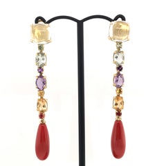 Amethyst, Citrine Sapphire Coral Chandelier Earrings Yellow Gold 18 Karat