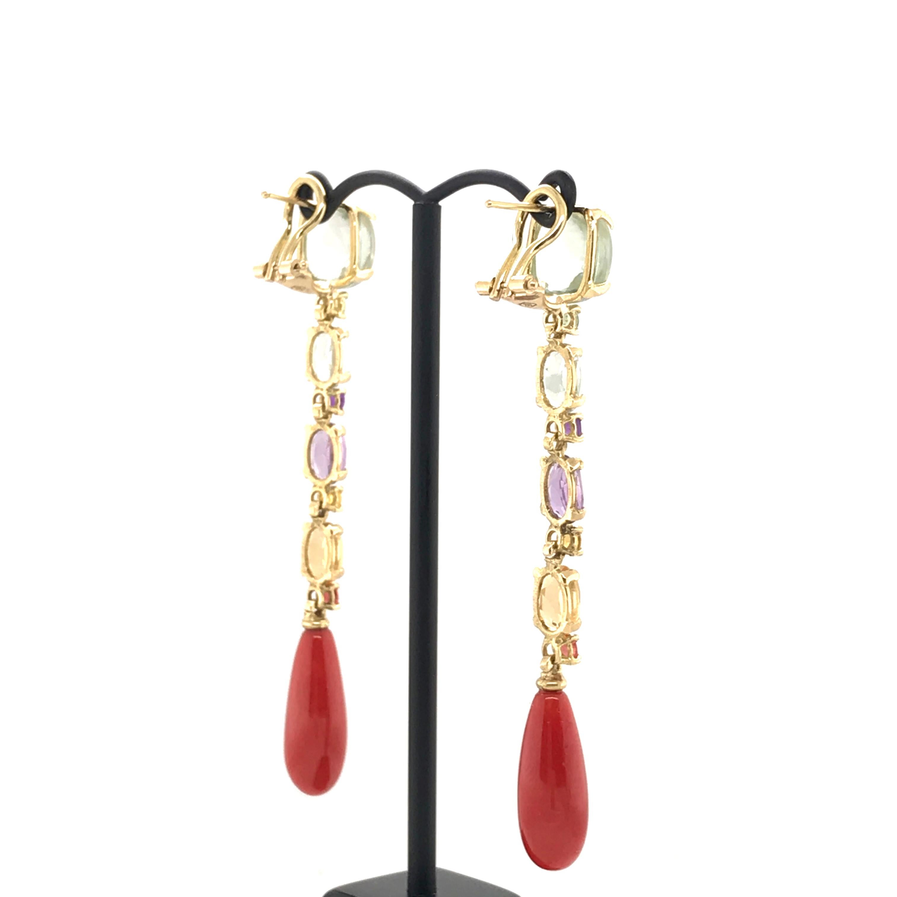 Contemporary Amethyst, Citrine Sapphire Coral Chandelier Earrings Yellow Gold 18 Karat For Sale