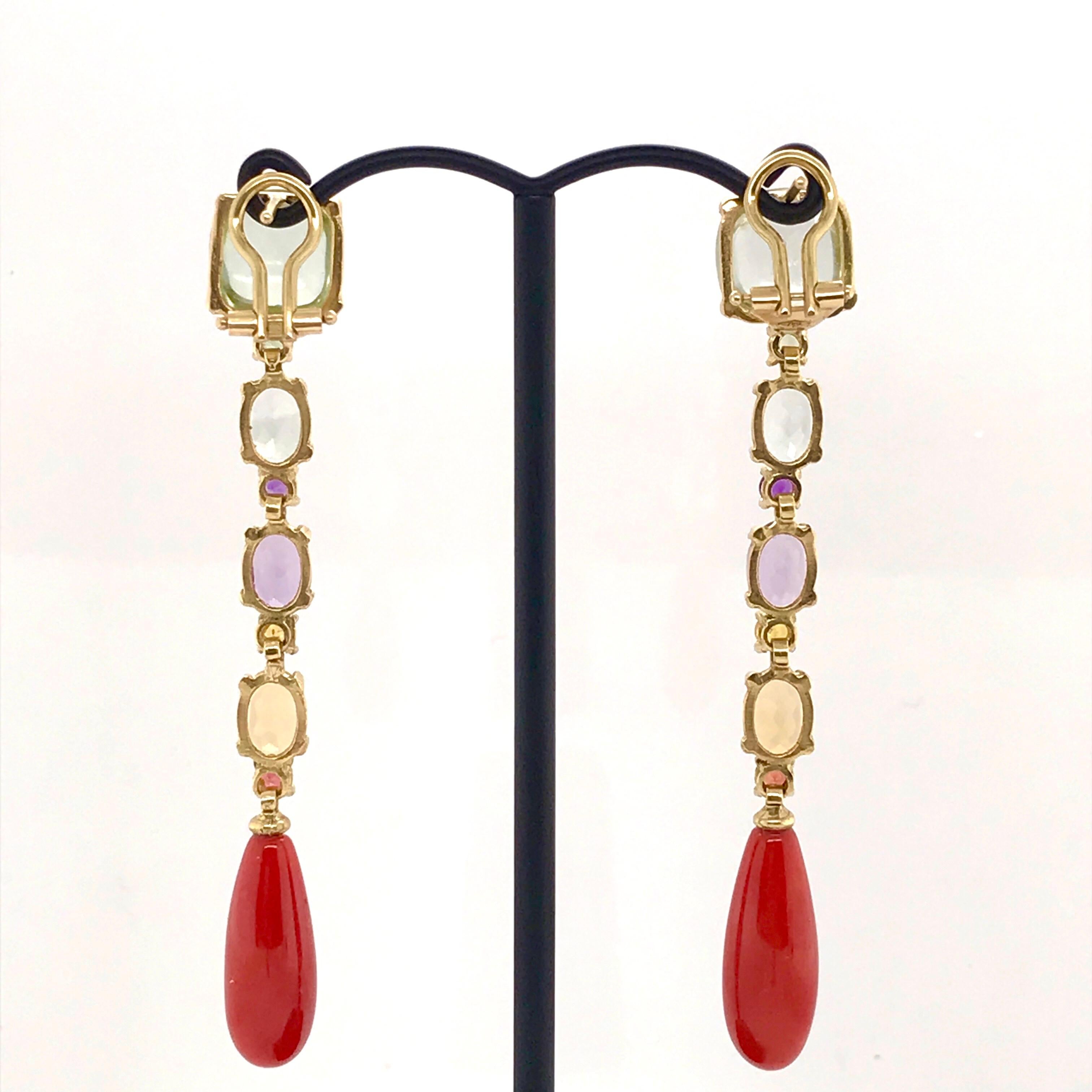 Amethyst, Citrine Sapphire Coral Chandelier Earrings Yellow Gold 18 Karat In New Condition For Sale In Vannes, FR