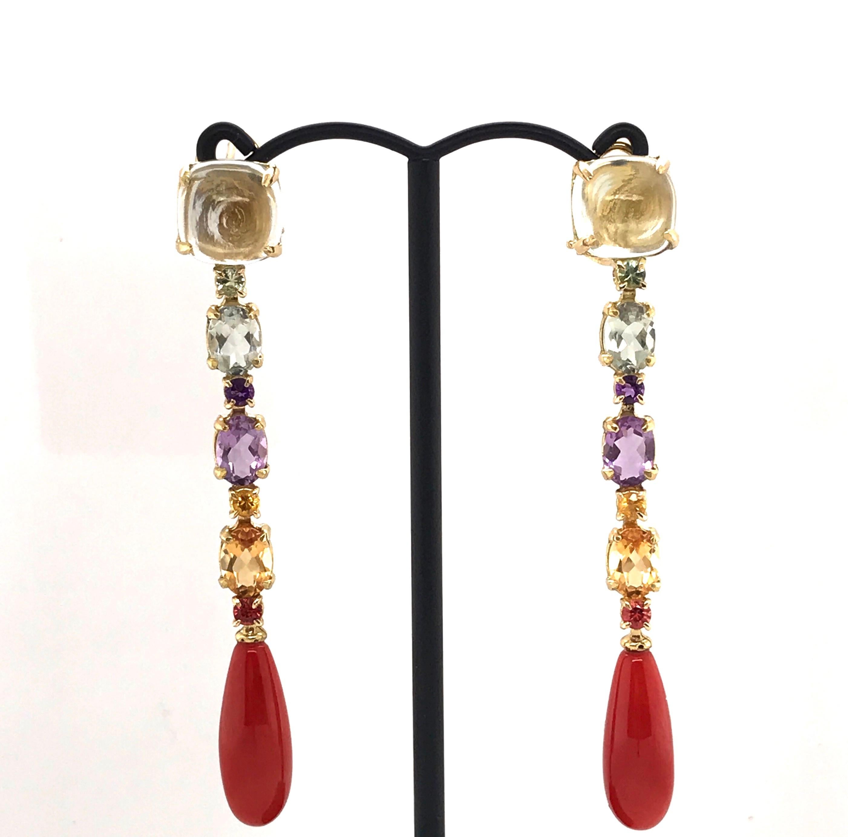 Amethyst, Citrine Sapphire Coral Chandelier Earrings Yellow Gold 18 Karat For Sale 1