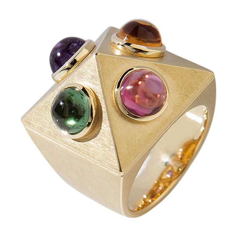 Amethyst Citrine Tourmaline Garnet Gold Ring "Pyramid" Wagner Collection For Sale
