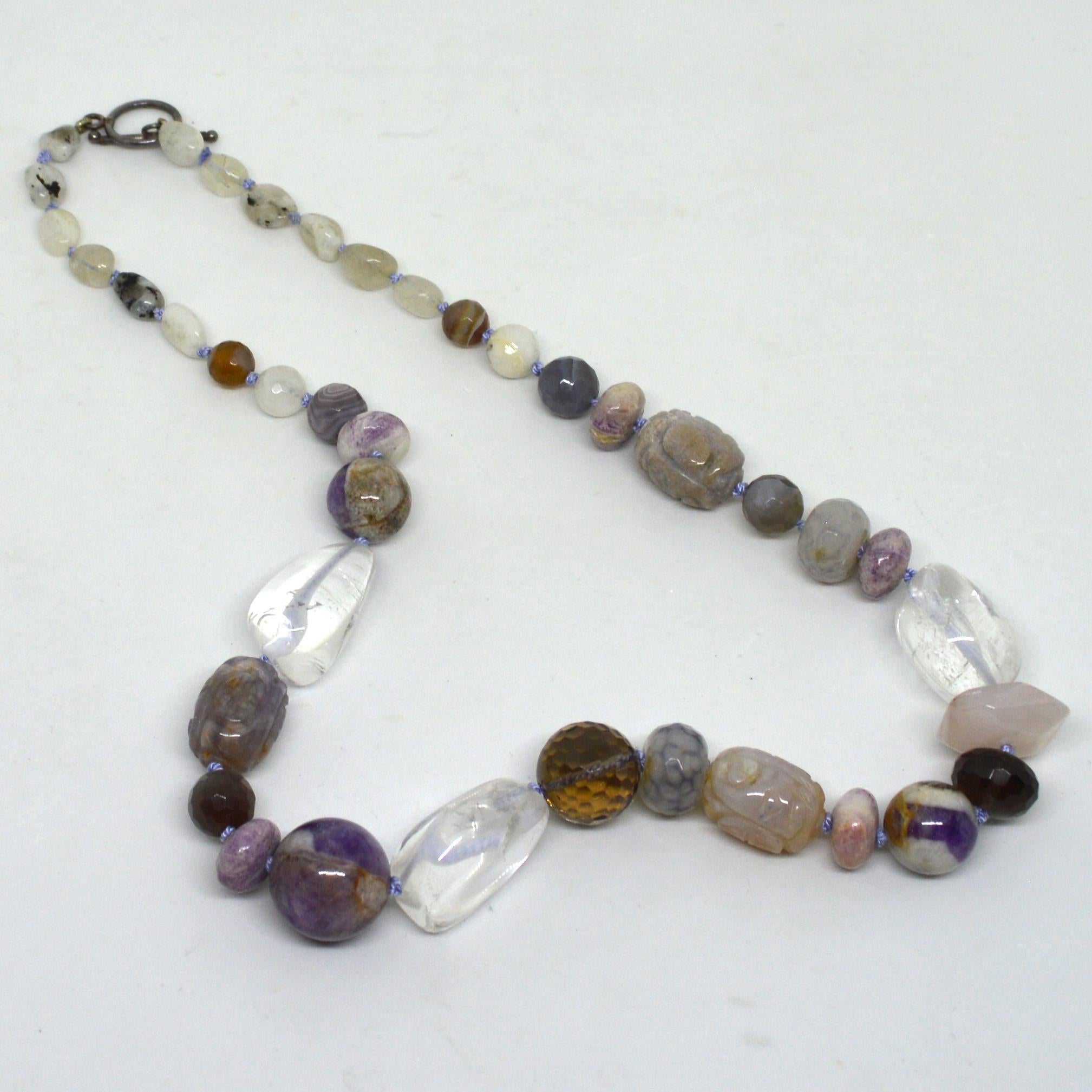 Modern Amethyst Clear Rose Smokey Quartz Moonstone Agate Silver Necklace For Sale