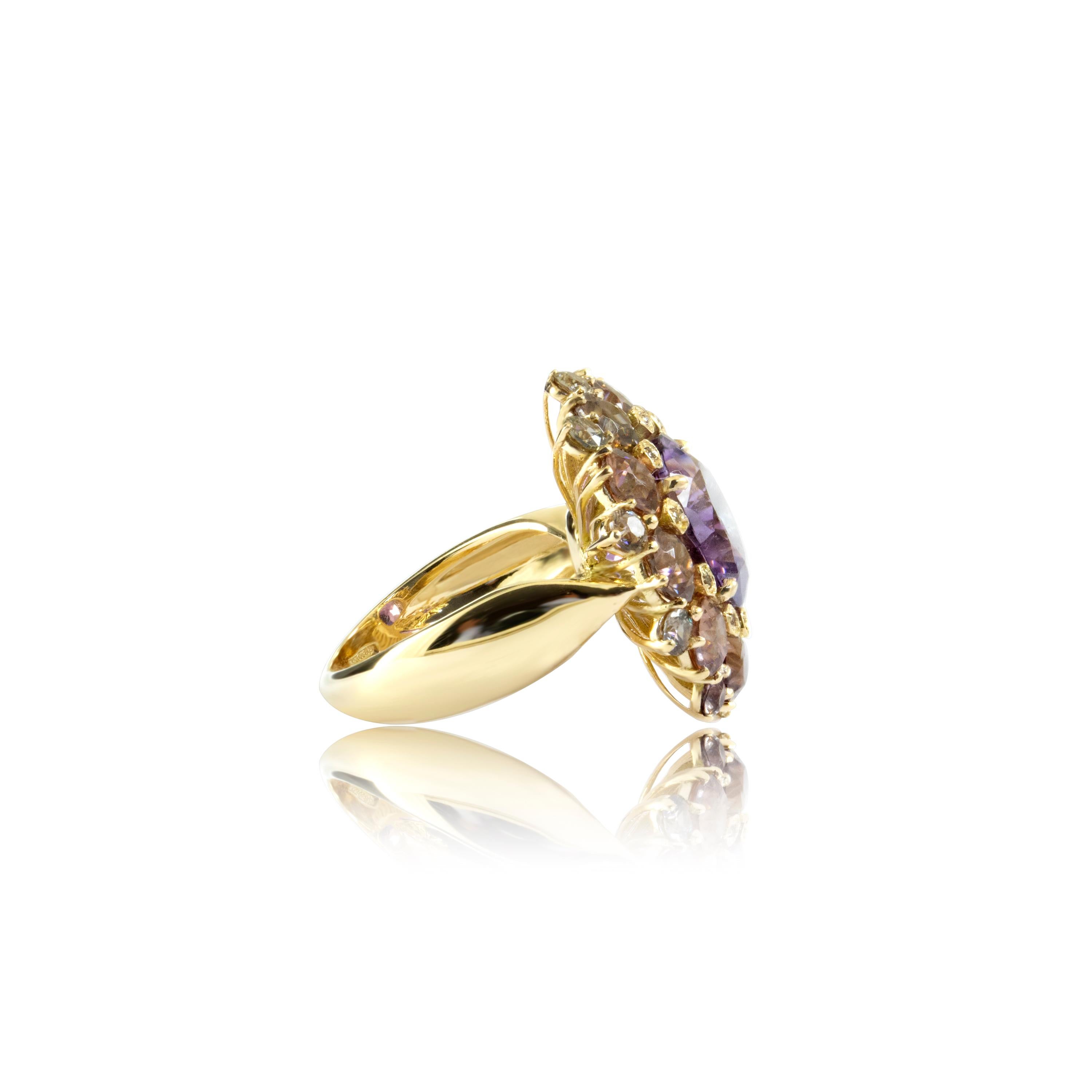 5,65ct Amethyst
0,05ct Champagne Diamonds
8,70ct Natural Zirconi
10,71gr 18kt Italian Yellow Gold
Further details such as cut sizes are available.

Designed and made during the March lockdown in Italy, this beauty is the product of time where