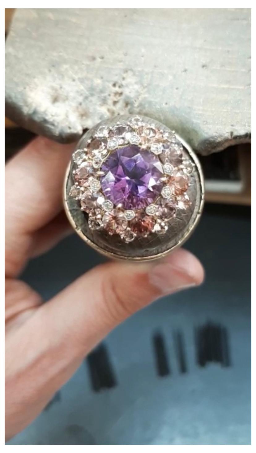 Contemporary Amethyst Cluster Ring One Made 18k Gold Champagne Diamonds Italian see video For Sale
