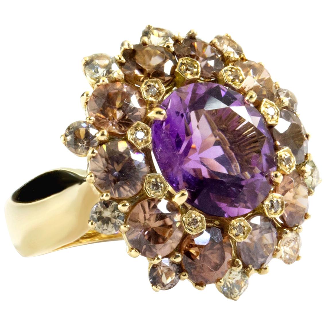 Amethyst Cluster Ring One Made 18k Gold Champagne Diamonds Italian see video