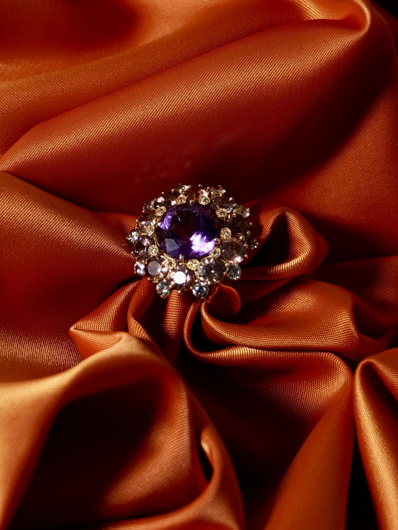 Women's Amethyst Cluster Ring One Made 18k Gold Champagne Diamonds Italian see video For Sale