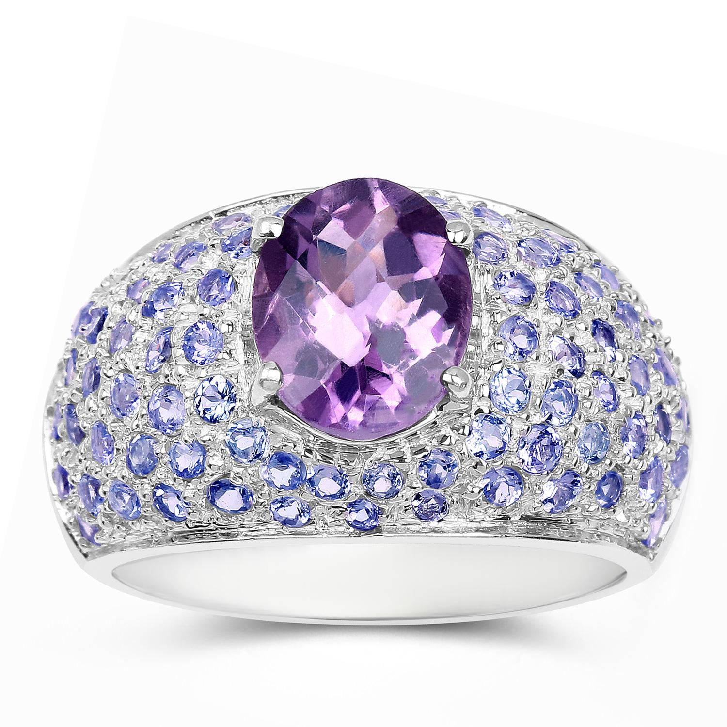 Amethyst Cluster Ring Tanzanites 4.2 Carats Sterling Silver In Excellent Condition For Sale In Aliso Viejo, CA