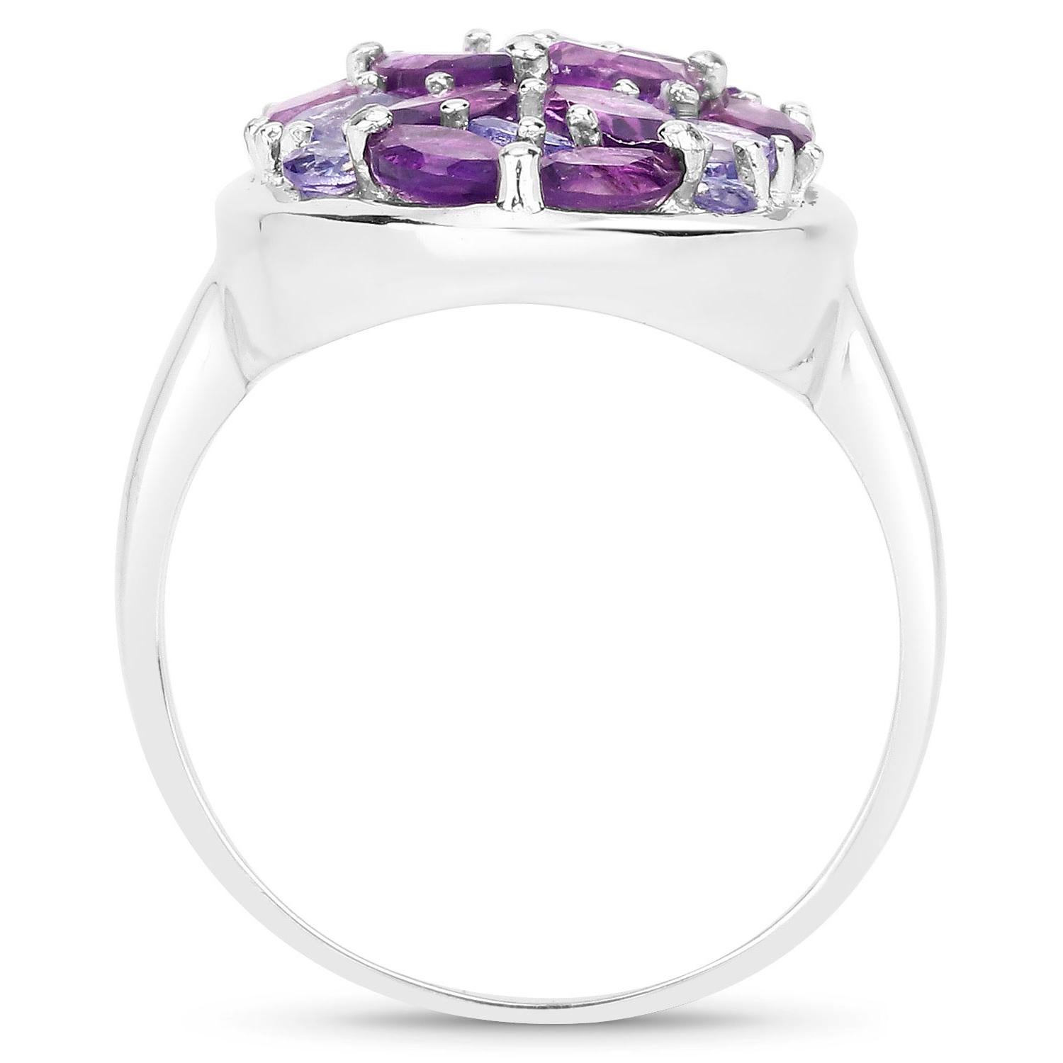 Contemporary Amethyst Cluster Ring Tanzanites Topazes 3.1 Carats Sterling Silver For Sale