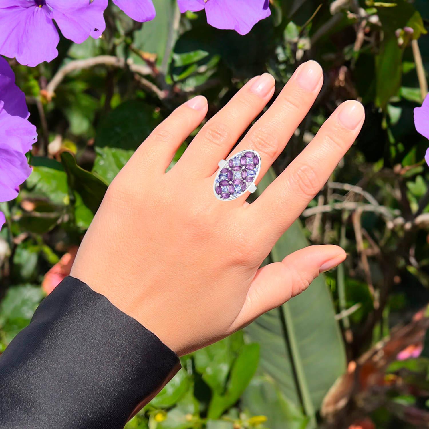 Mixed Cut Amethyst Cluster Ring Tanzanites Topazes 3.1 Carats Sterling Silver For Sale