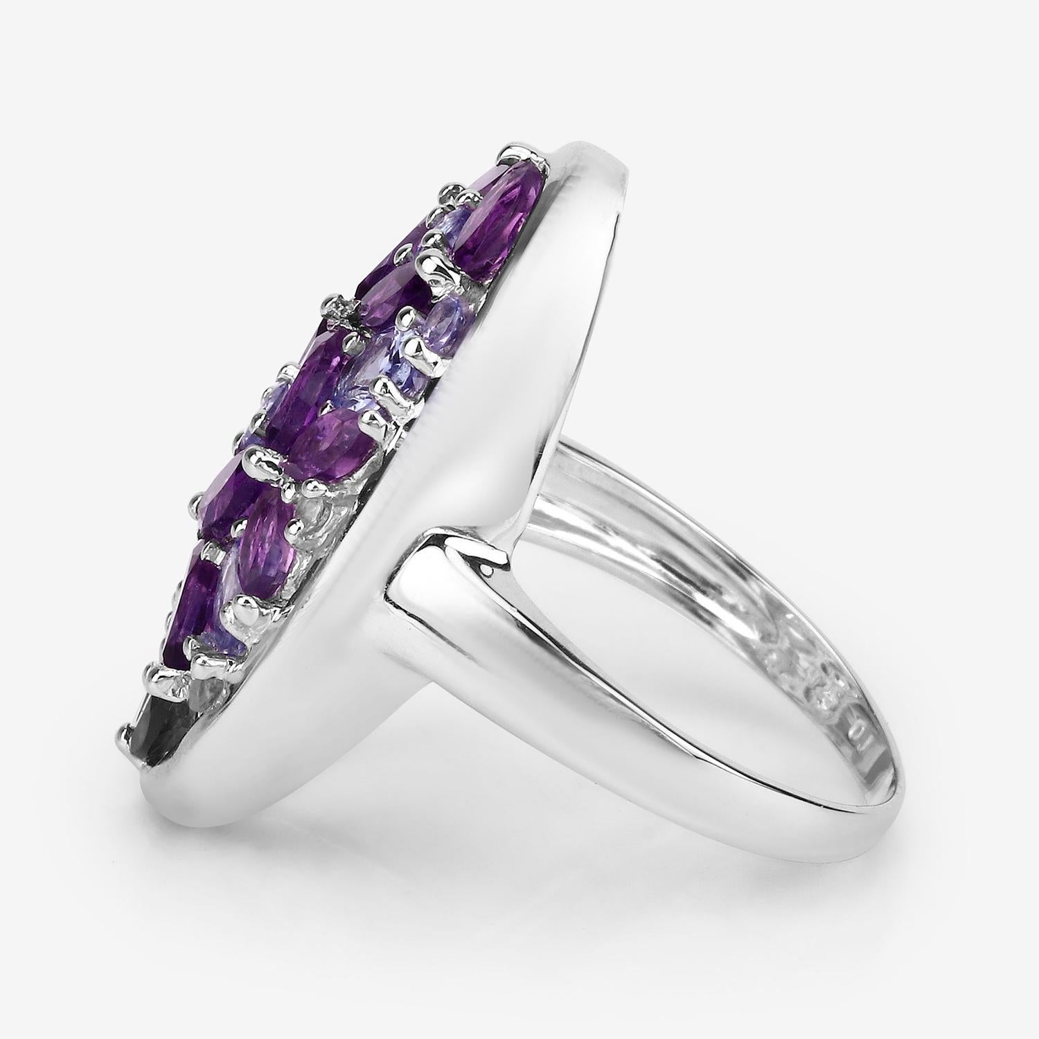Women's or Men's Amethyst Cluster Ring Tanzanites Topazes 3.1 Carats Sterling Silver For Sale