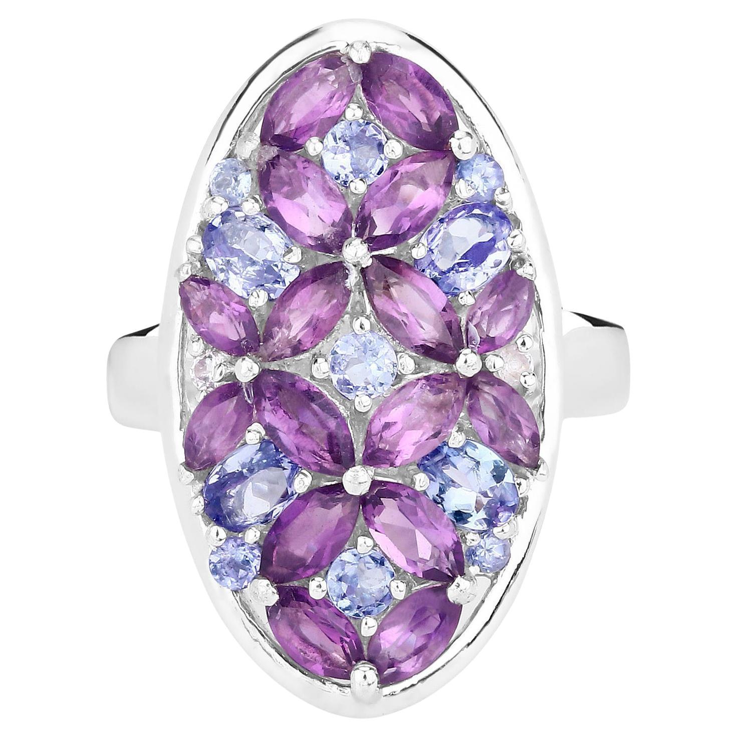Amethyst Cluster Ring Tanzanites Topazes 3.1 Carats Sterling Silver For Sale