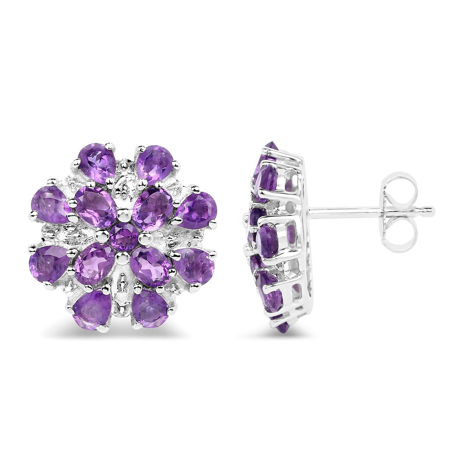 Contemporary Amethyst Cluster Stud Earrings 3.78 Carats Sterling Silver For Sale