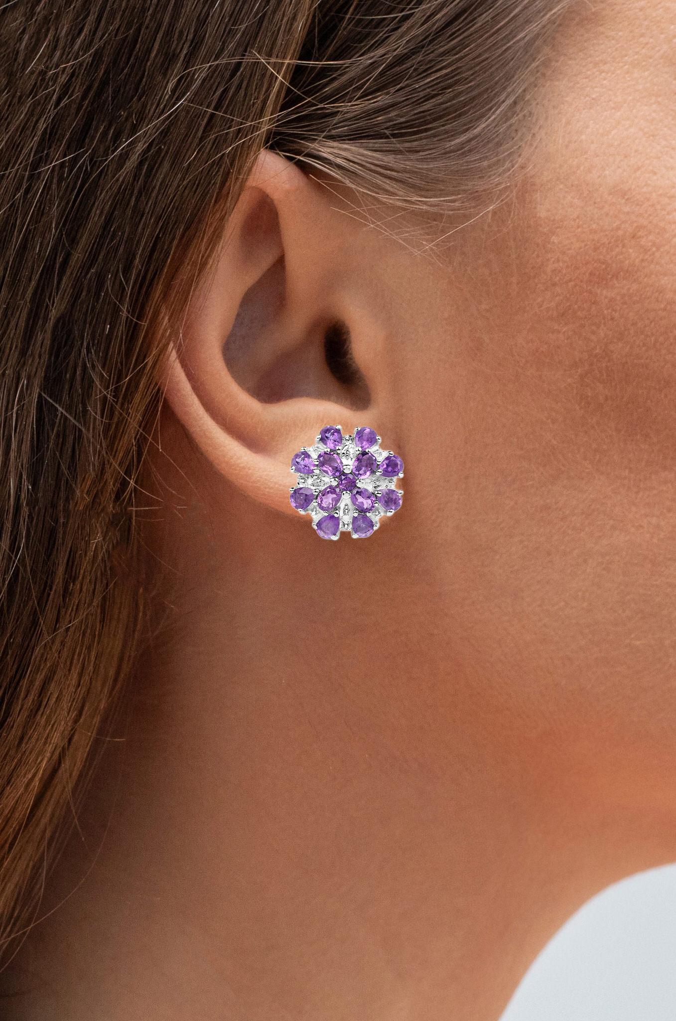 Mixed Cut Amethyst Cluster Stud Earrings 3.78 Carats Sterling Silver For Sale
