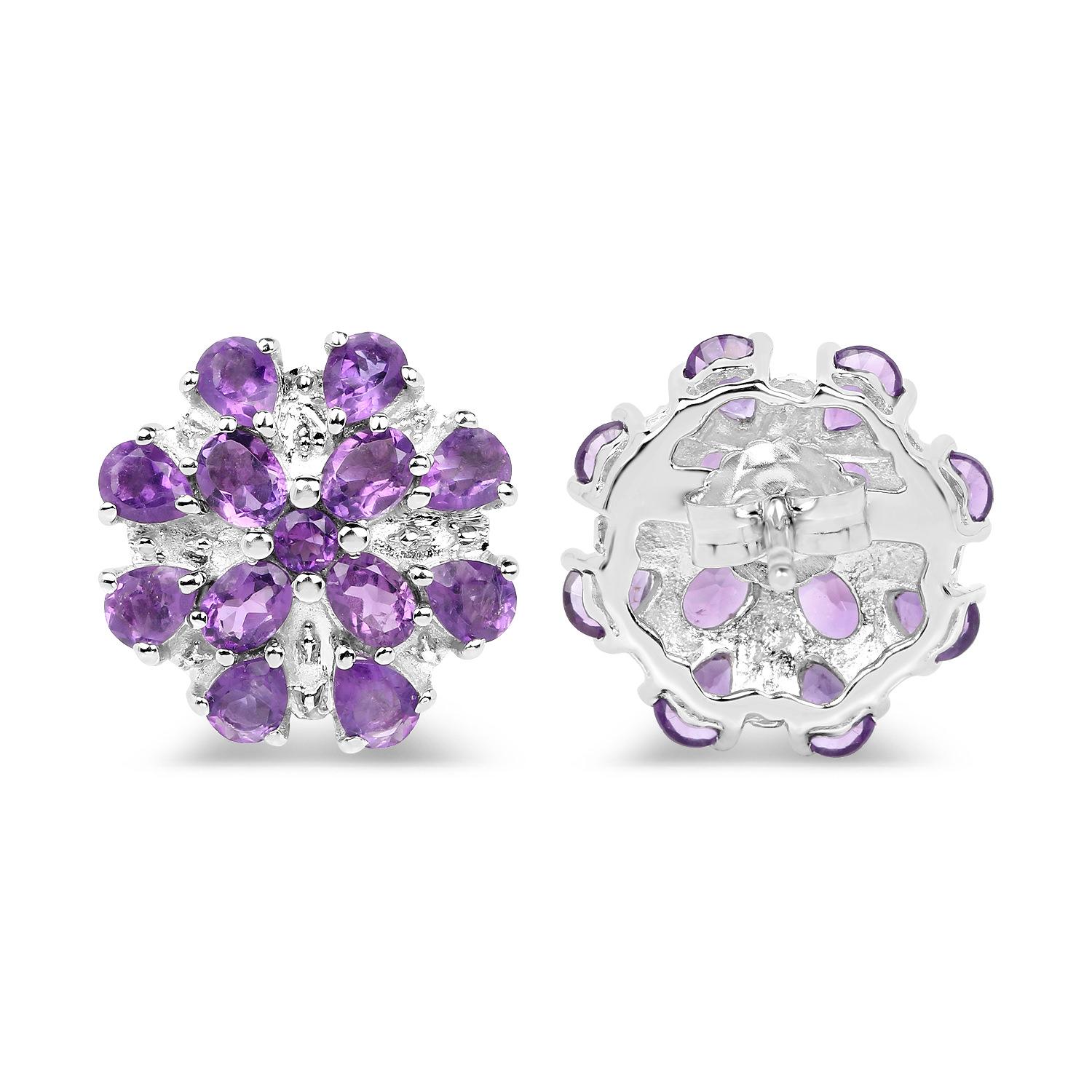 Amethyst Cluster Stud Earrings 3.78 Carats Sterling Silver In Excellent Condition For Sale In Aliso Viejo, CA