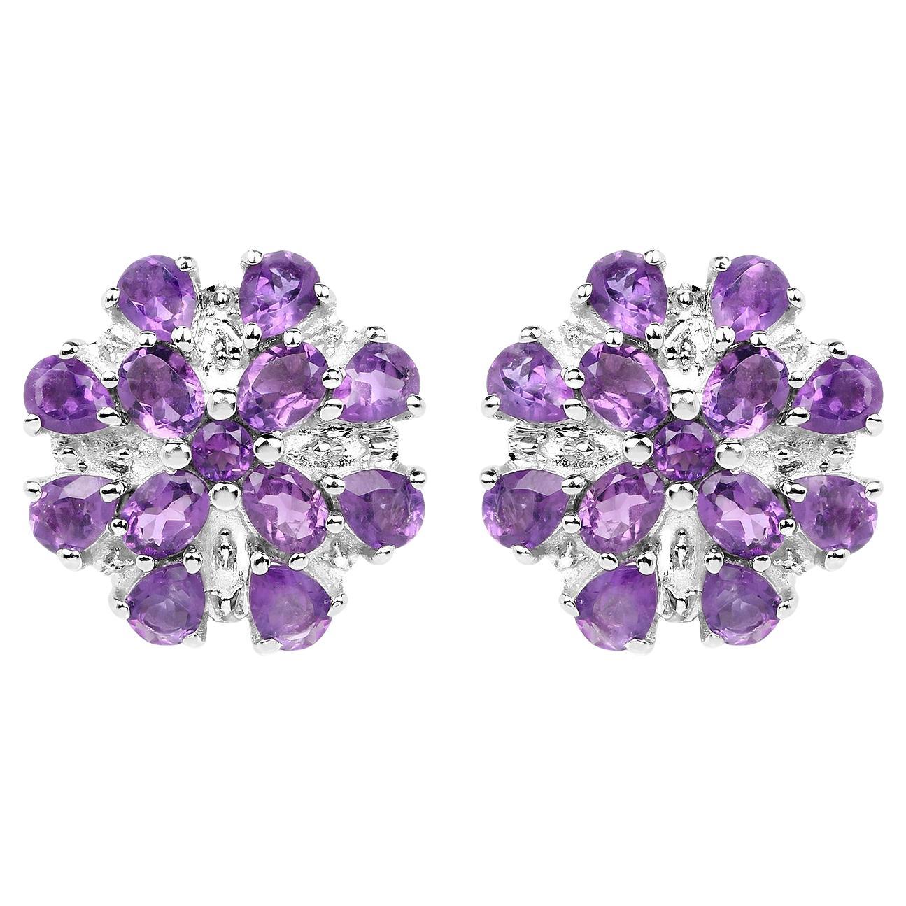 Amethyst Cluster Stud Earrings 3.78 Carats Sterling Silver
