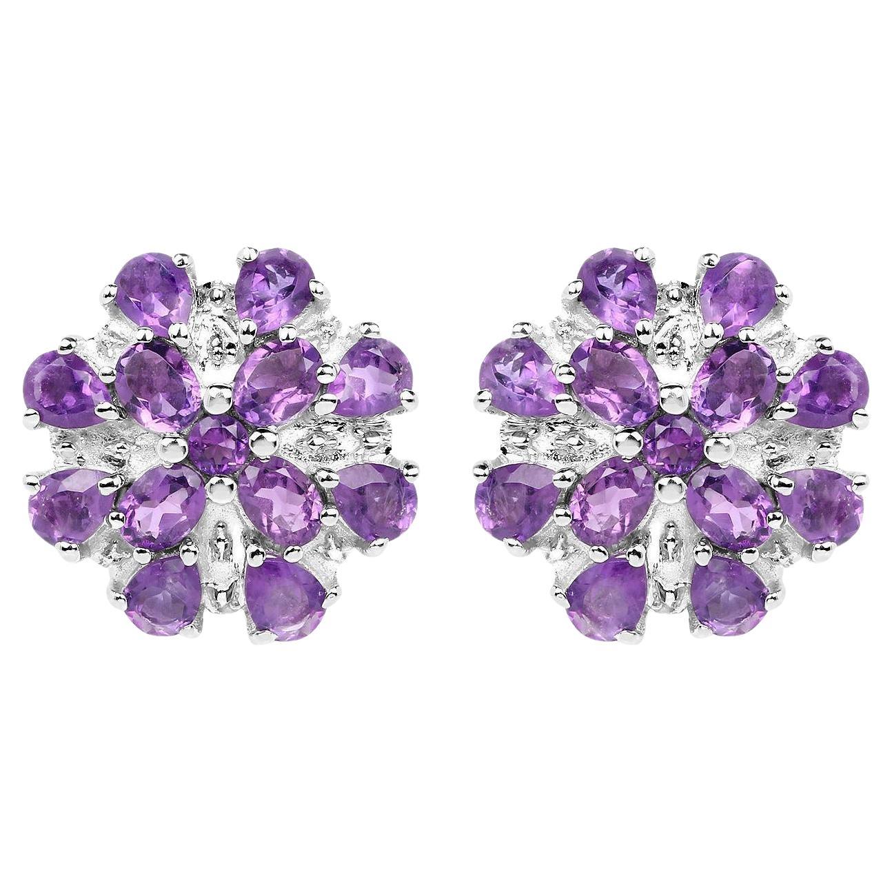 Amethyst Cluster Stud Earrings 3.78 Carats Sterling Silver For Sale