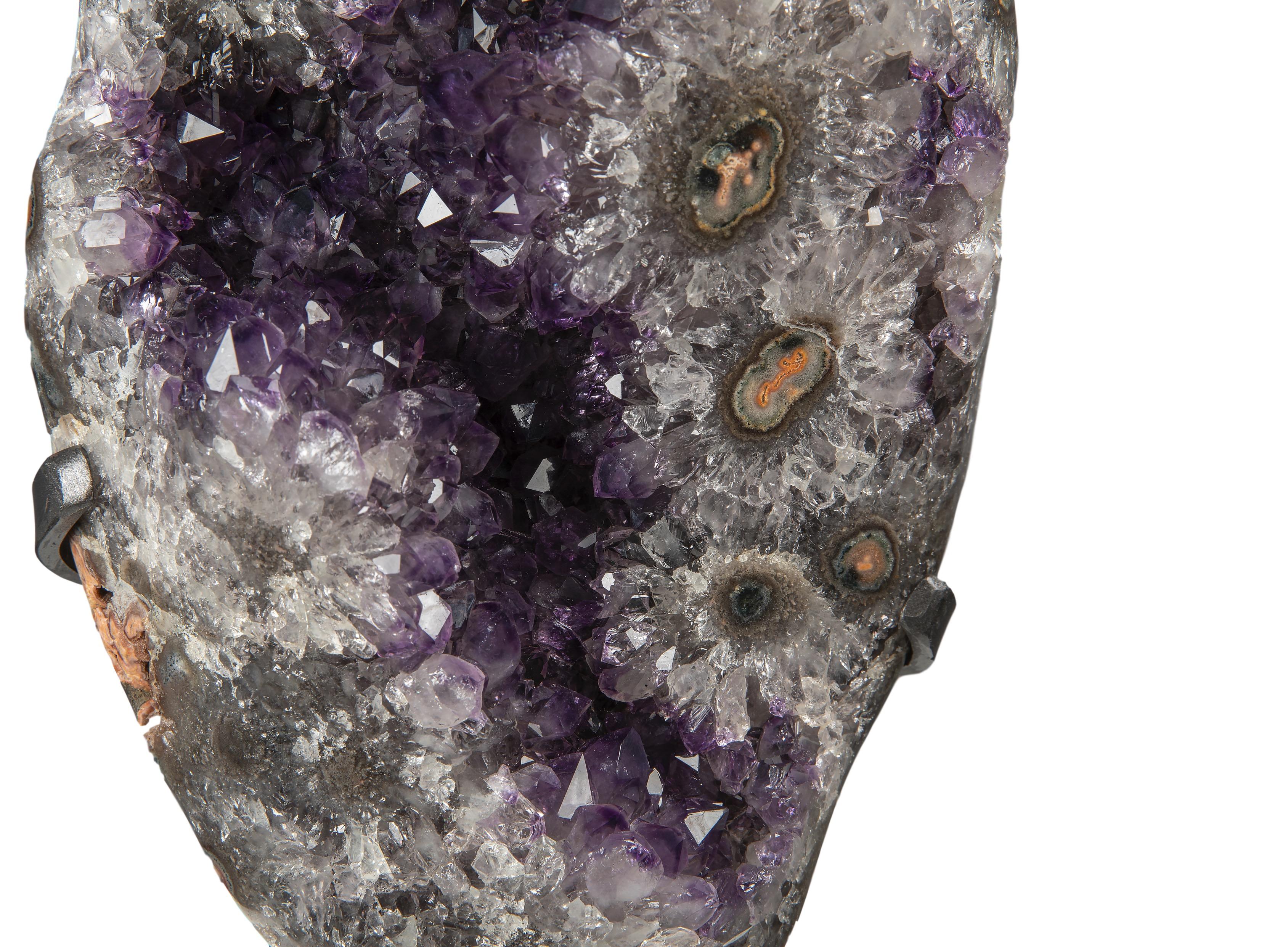 18th Century and Earlier Amethyst Cluster White Quartz Celadonite and Agate with Cut Stalactites on Stand