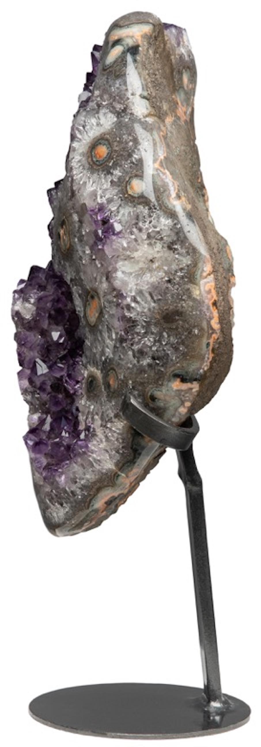 Amethyst Cluster White Quartz Celadonite and Agate with Cut Stalactites on Stand 1