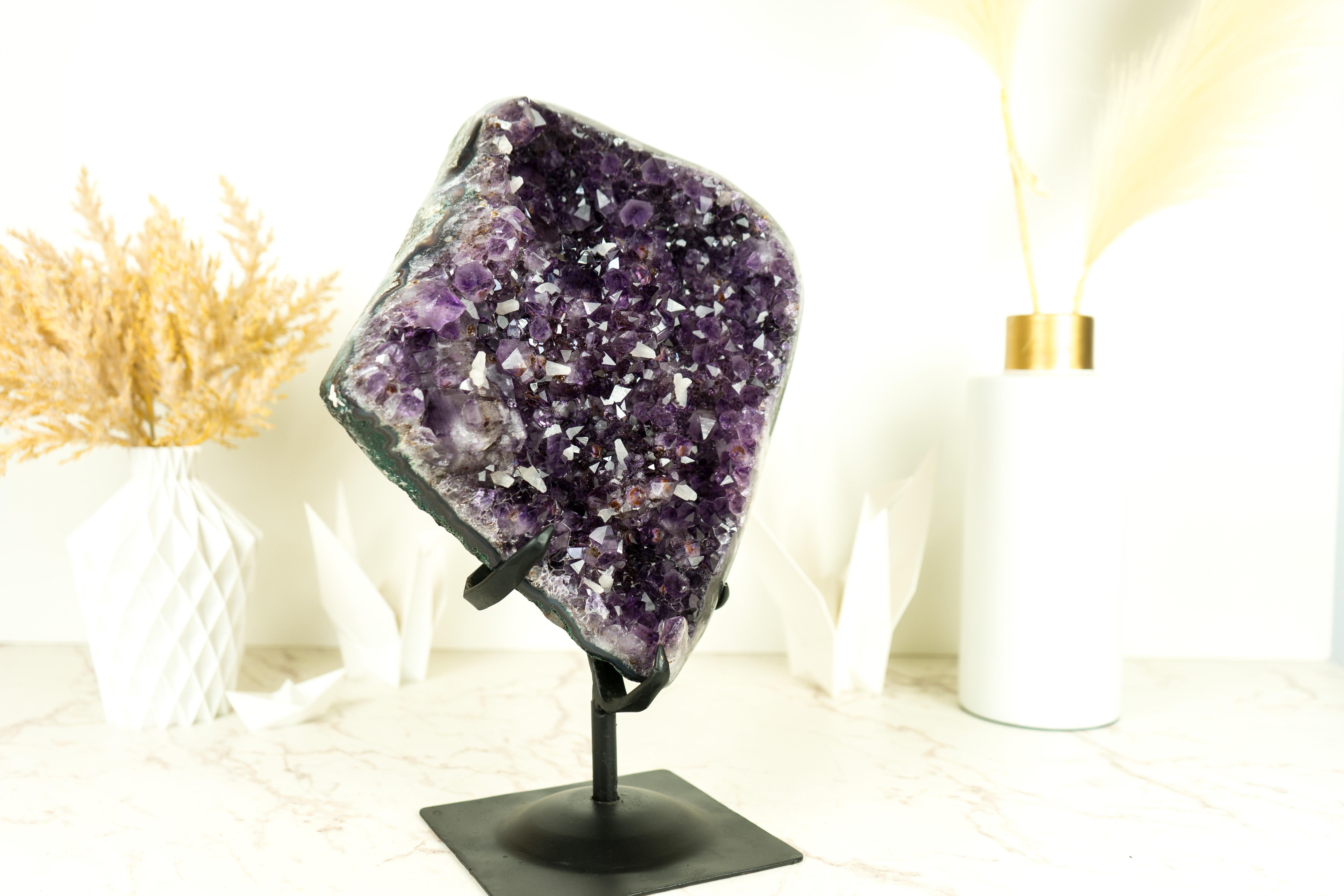 Amethyst Cluster with AAA Deep Purple Grape Amethyst Druzy and Rare Inclusions For Sale 3
