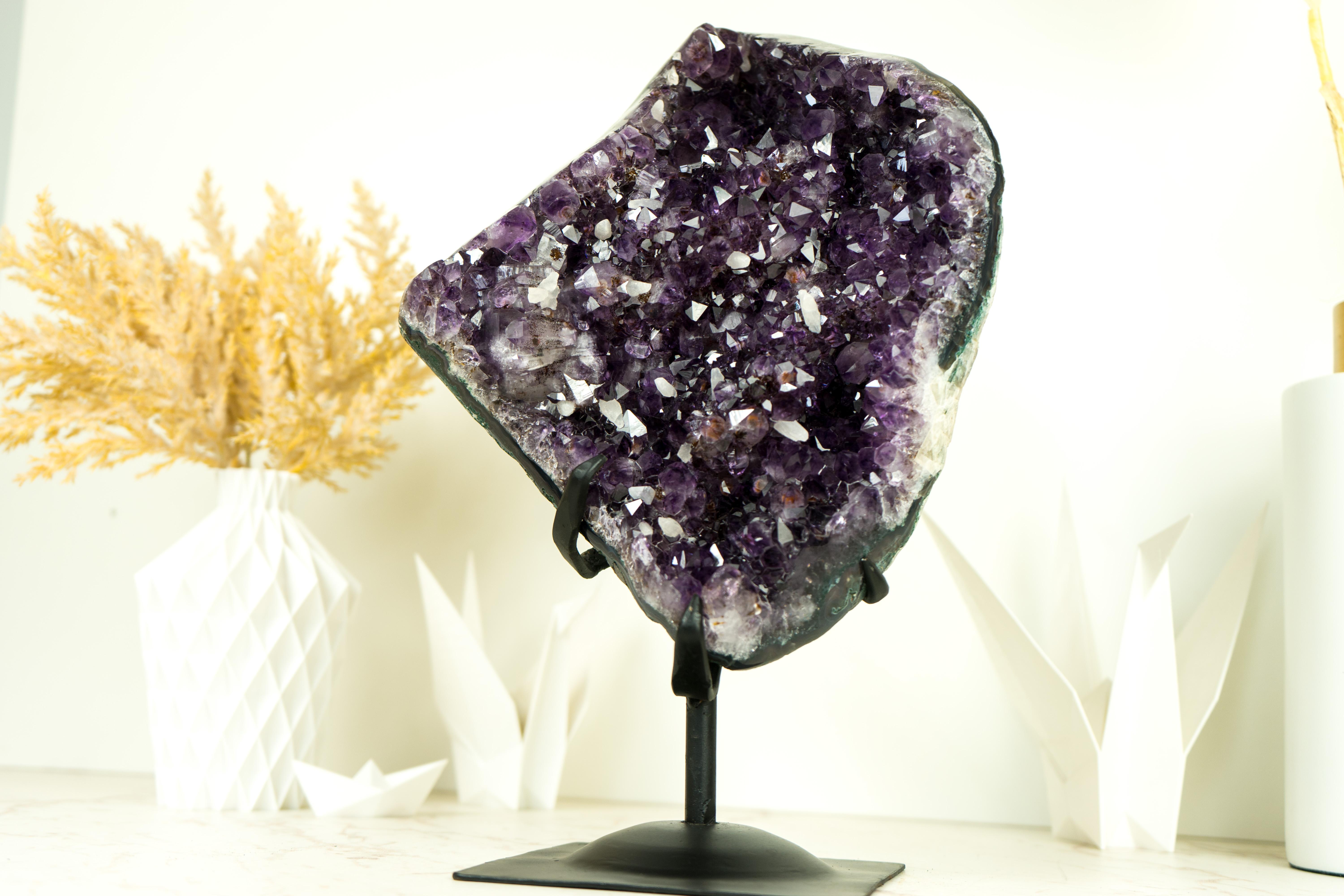 Contemporary Amethyst Cluster with AAA Deep Purple Grape Amethyst Druzy and Rare Inclusions For Sale