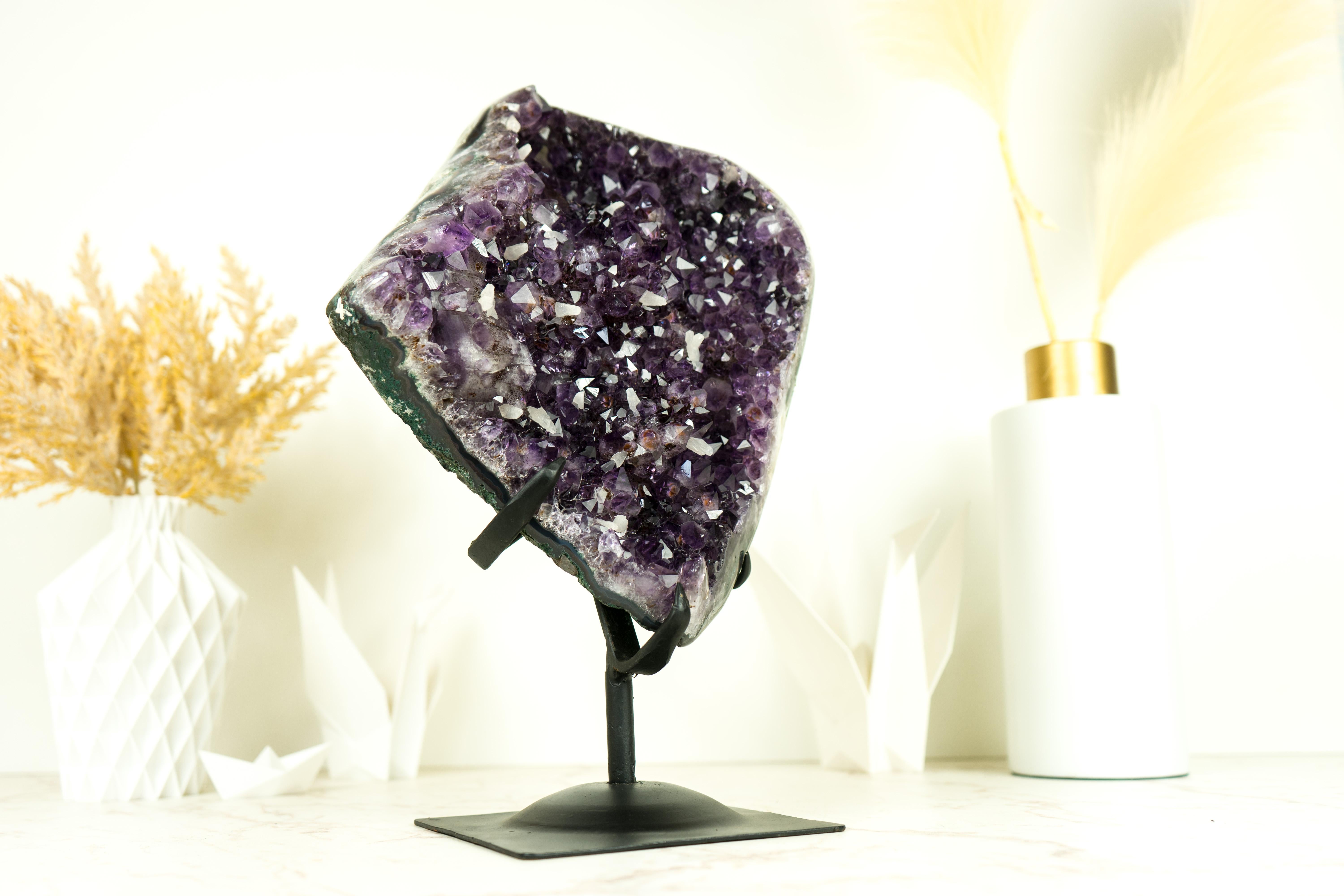 Amethyst Cluster with AAA Deep Purple Grape Amethyst Druzy and Rare Inclusions For Sale 1