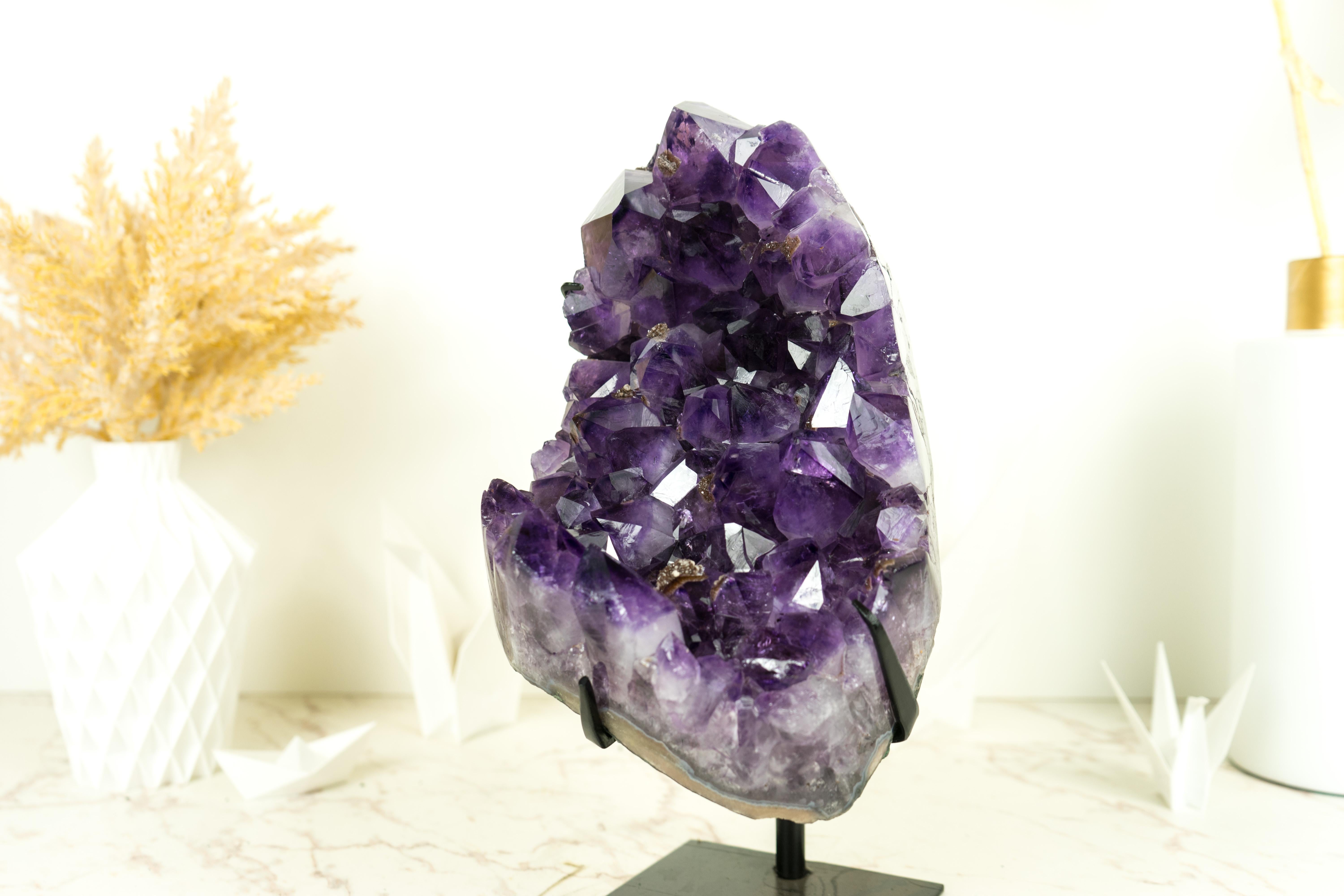 Amethyst Cluster with Dark Purple Amethyst Druzy and Sparkly Golden Inclusions For Sale 1