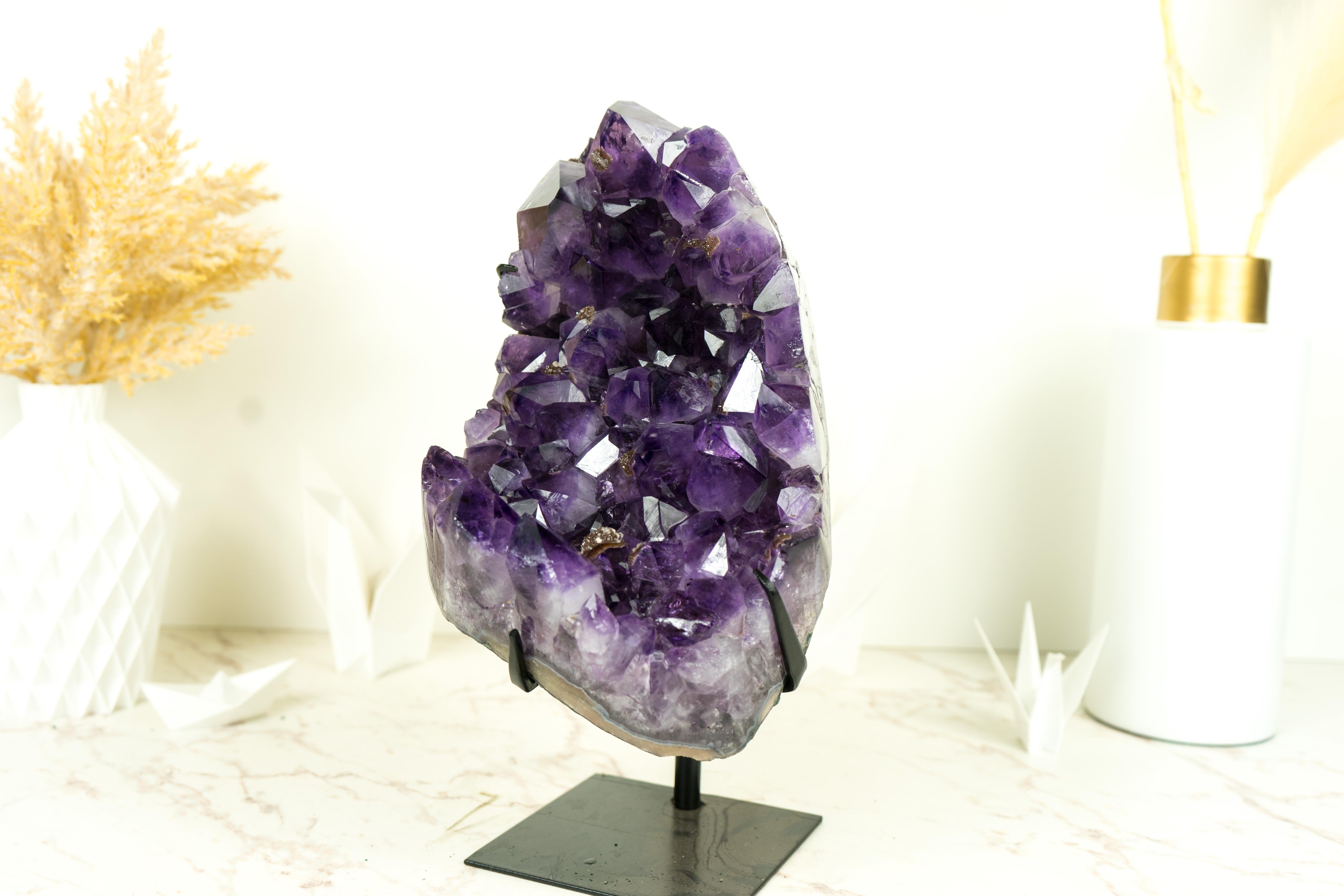 Amethyst Cluster with Dark Purple Amethyst Druzy and Sparkly Golden Inclusions For Sale 3