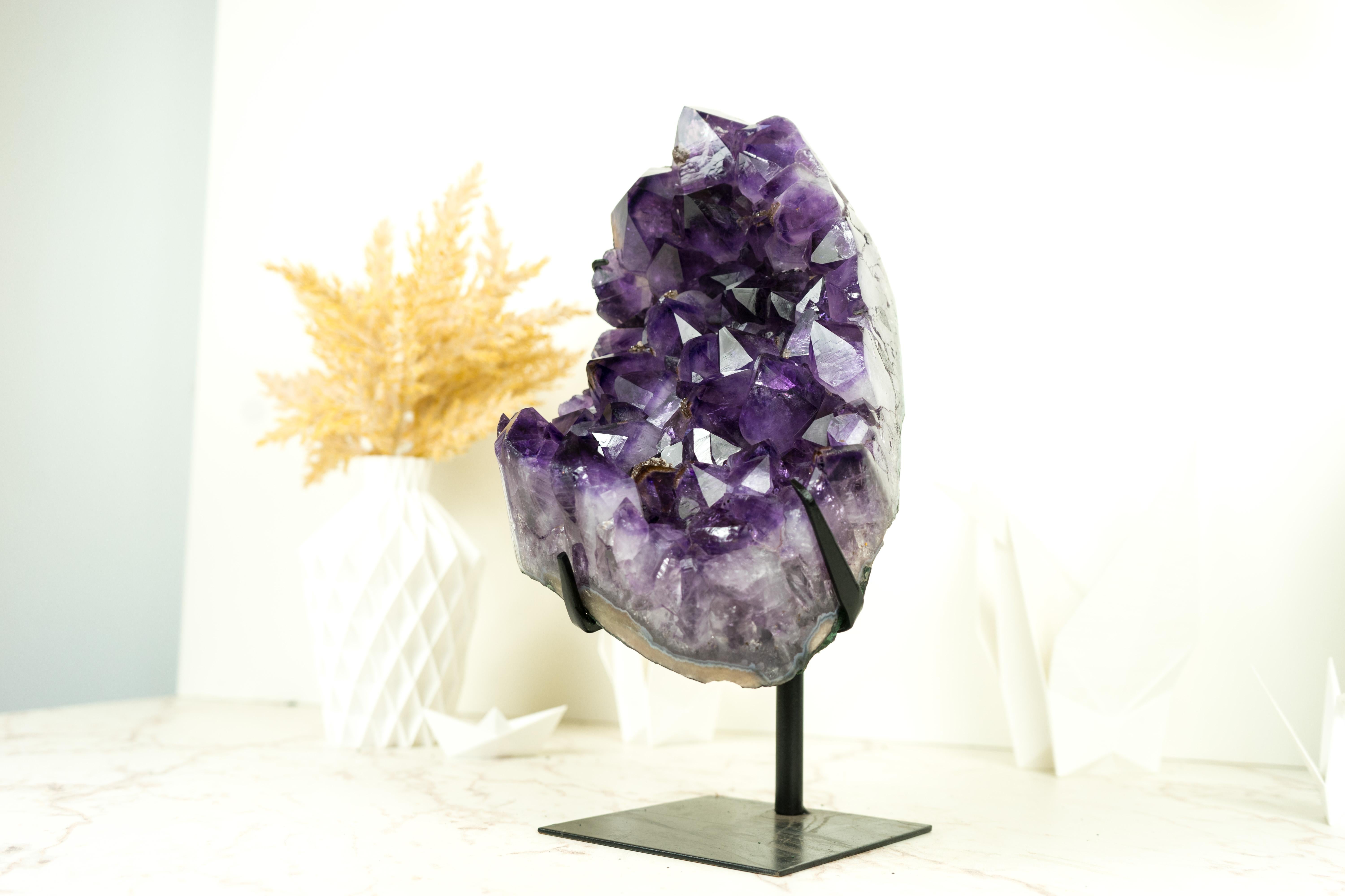 Contemporary Amethyst Cluster with Dark Purple Amethyst Druzy and Sparkly Golden Inclusions For Sale