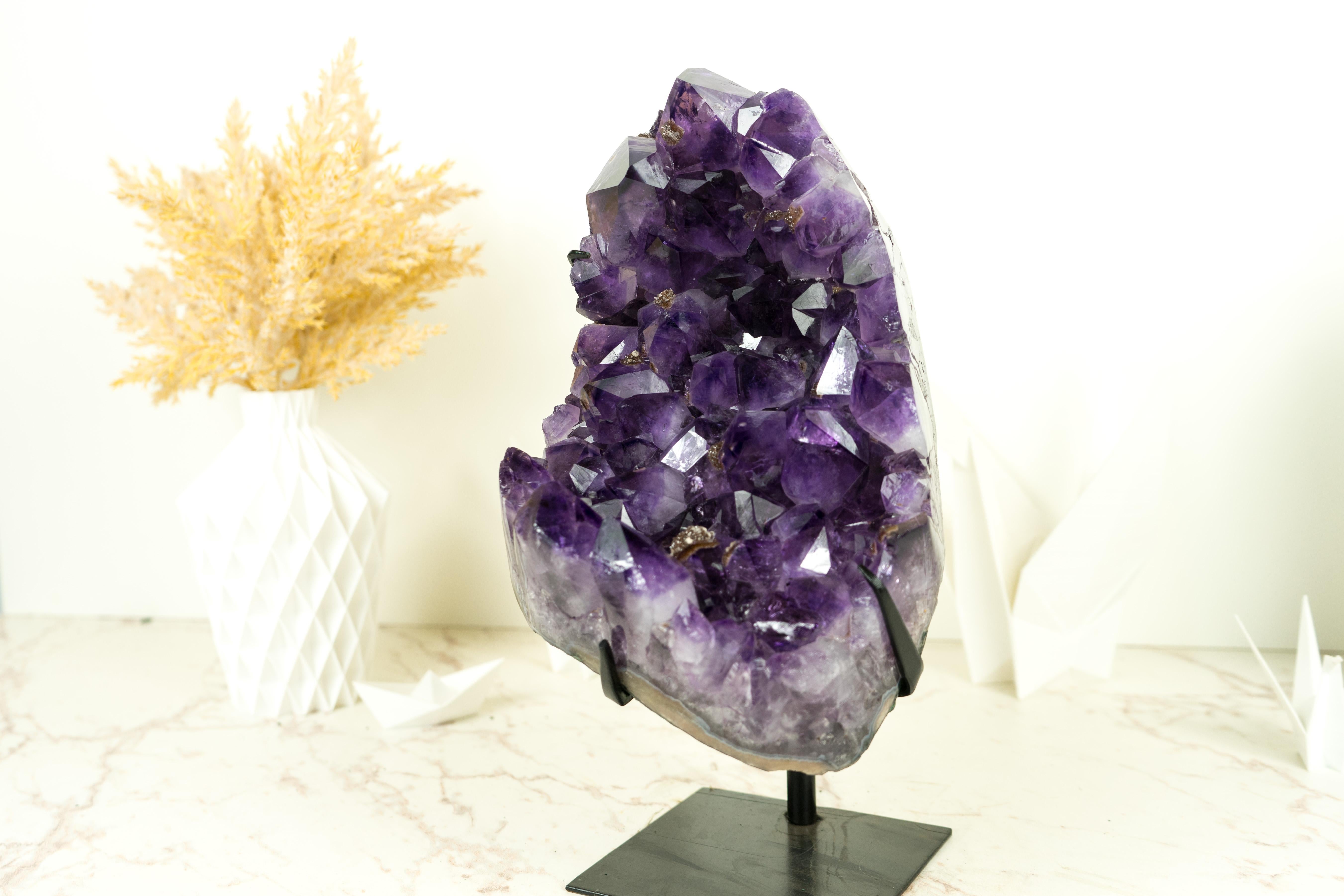 Agate Amethyst Cluster with Dark Purple Amethyst Druzy and Sparkly Golden Inclusions For Sale