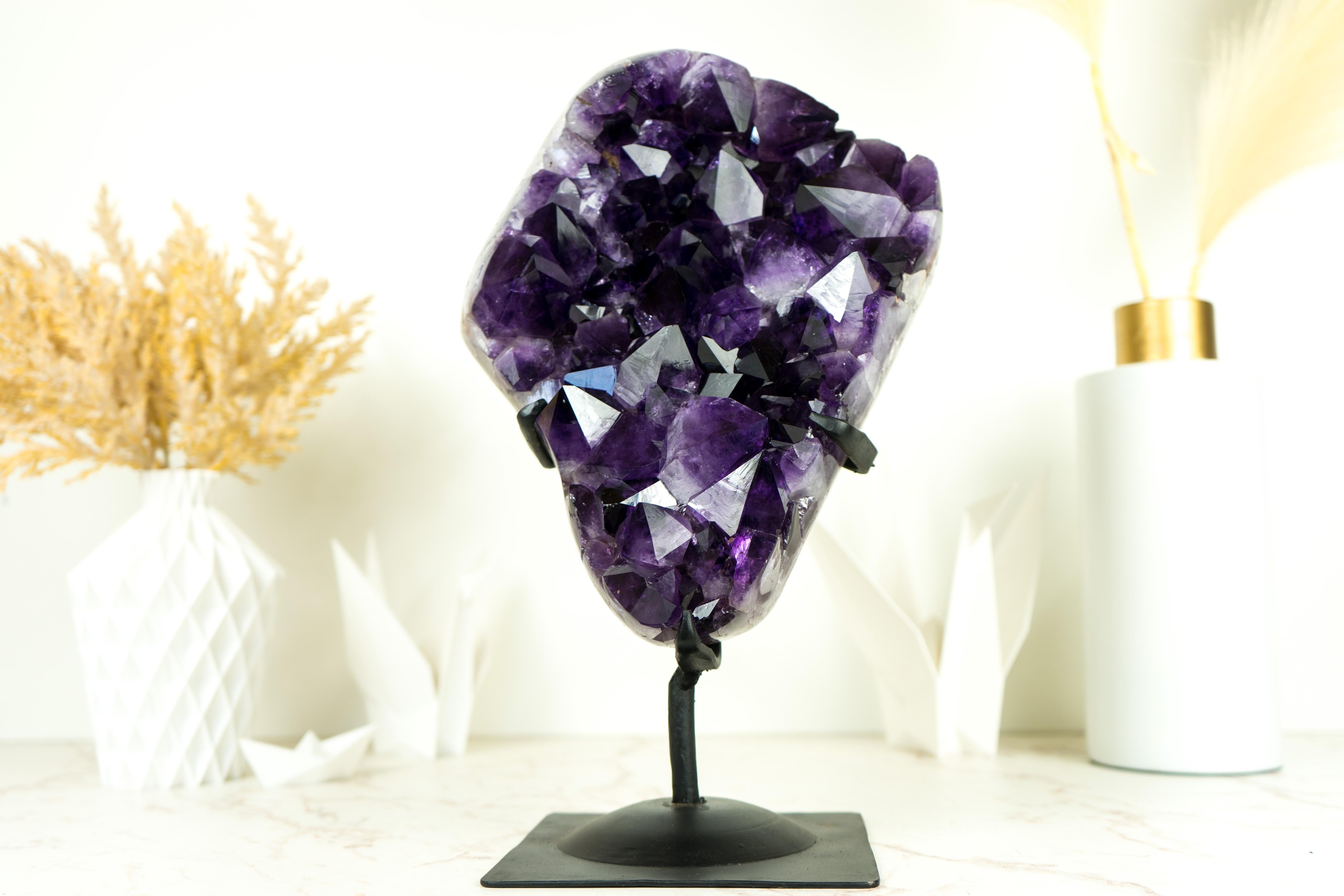 A Gallery Grade Amethyst Cluster that brings a gorgeous aesthetics, with the large, super saturated dark Amethyst Druzy. This Amethyst specimen is an exceptional addition that will infuse your space with elegance and natural art.

The color of
