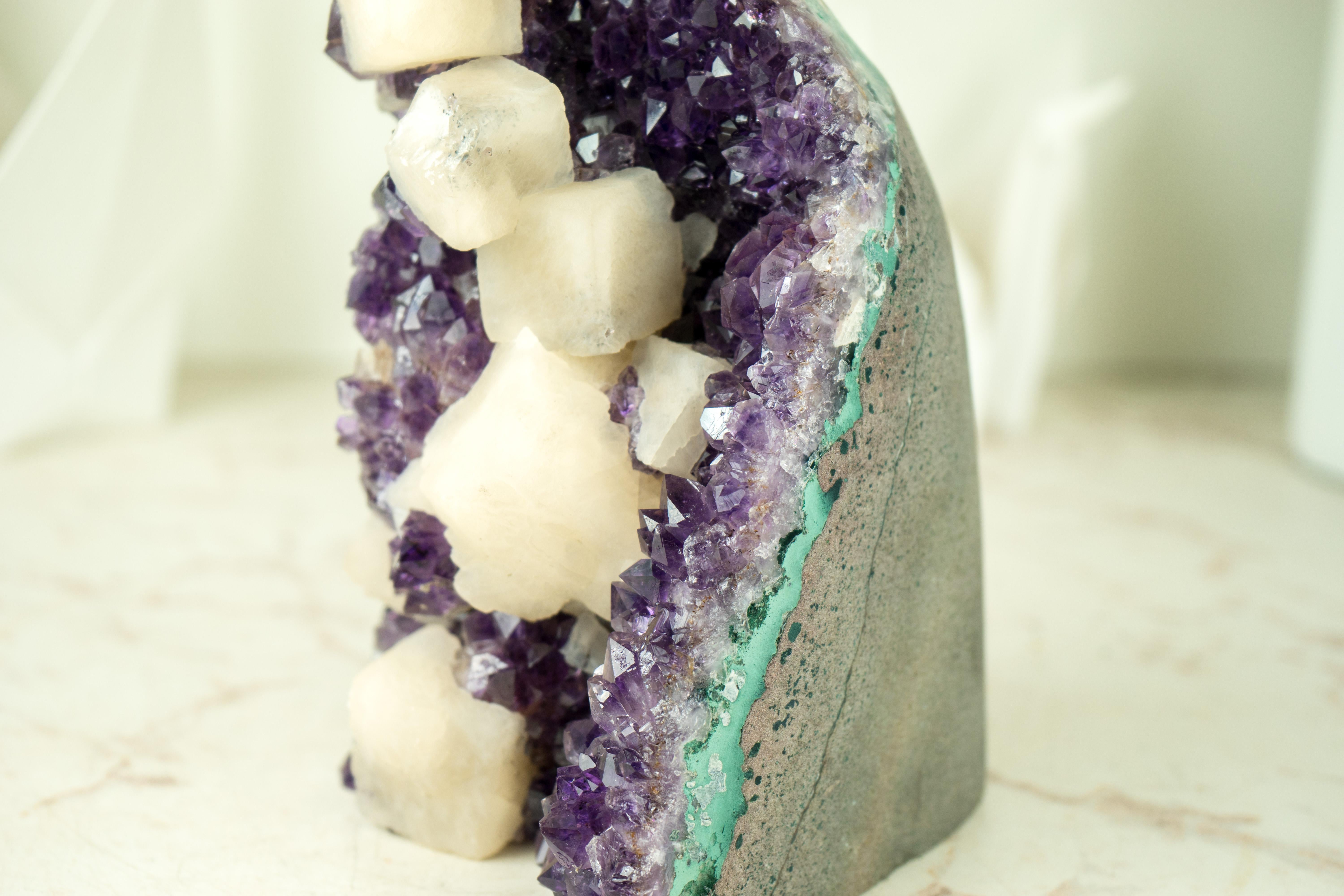 Amethyst Cluster with Cubic Geometrical Calcite and Deep Purple Druzy For Sale 4