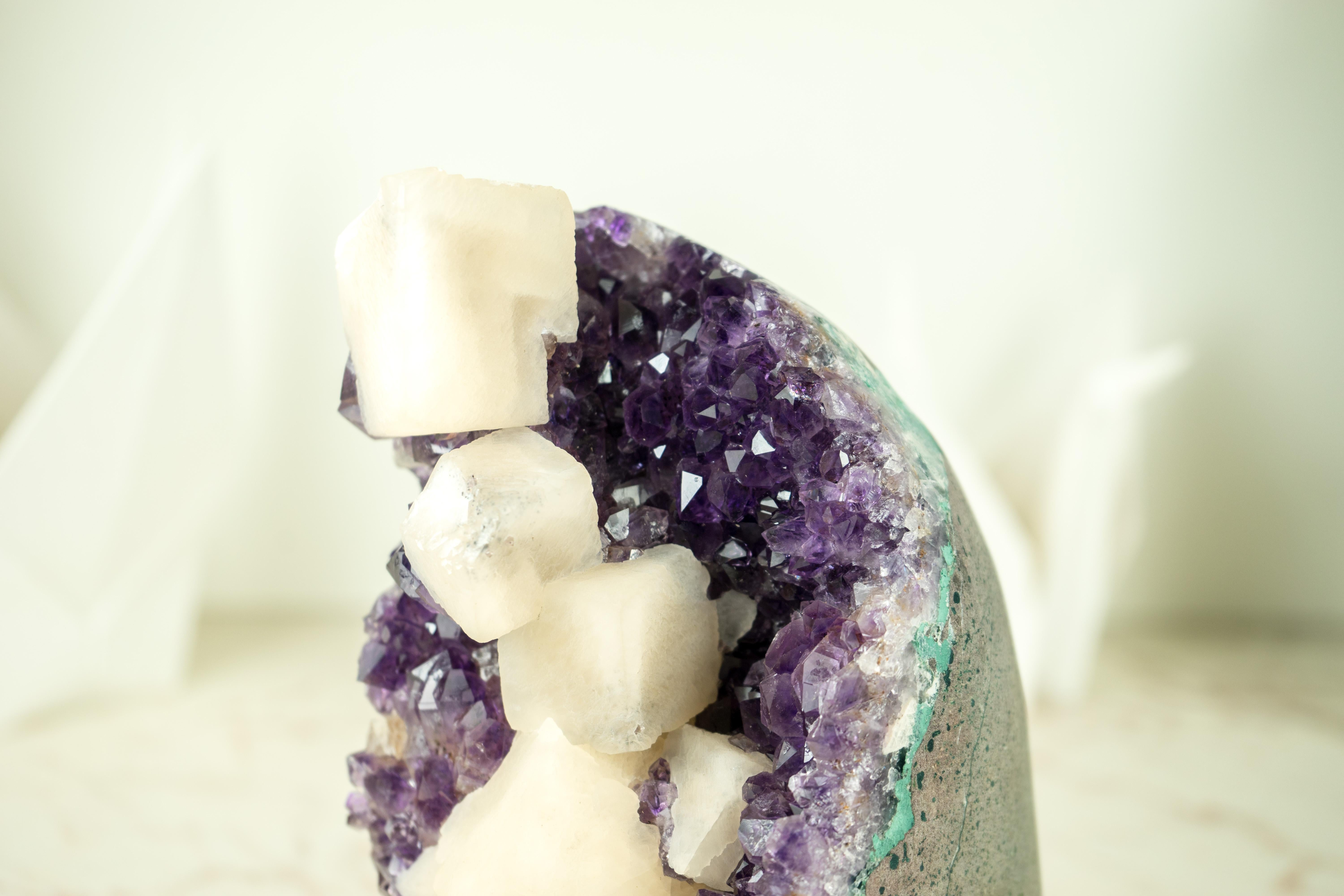 Amethyst Cluster with Cubic Geometrical Calcite and Deep Purple Druzy For Sale 5
