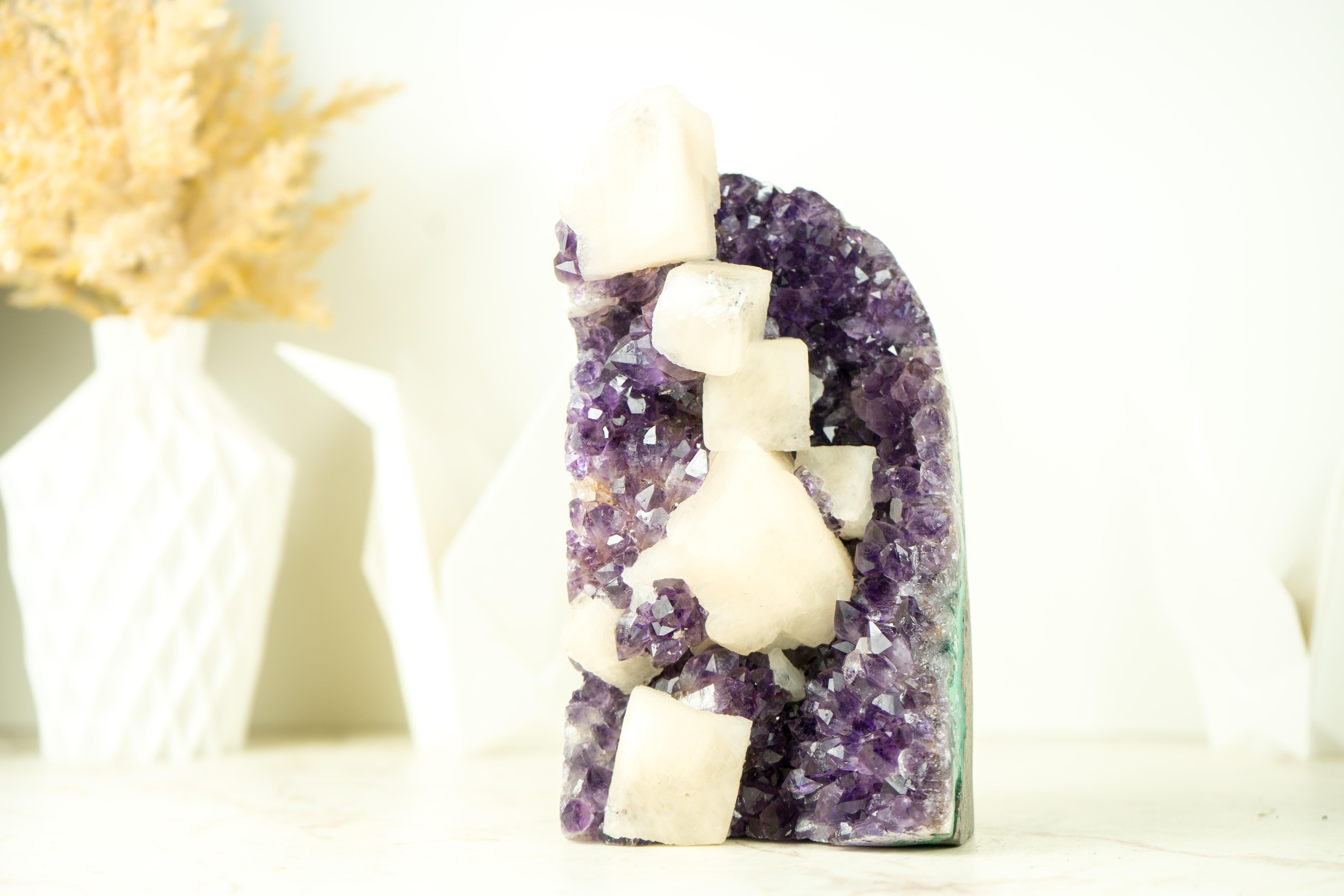 Amethyst Cluster with Cubic Geometrical Calcite and Deep Purple Druzy For Sale 6