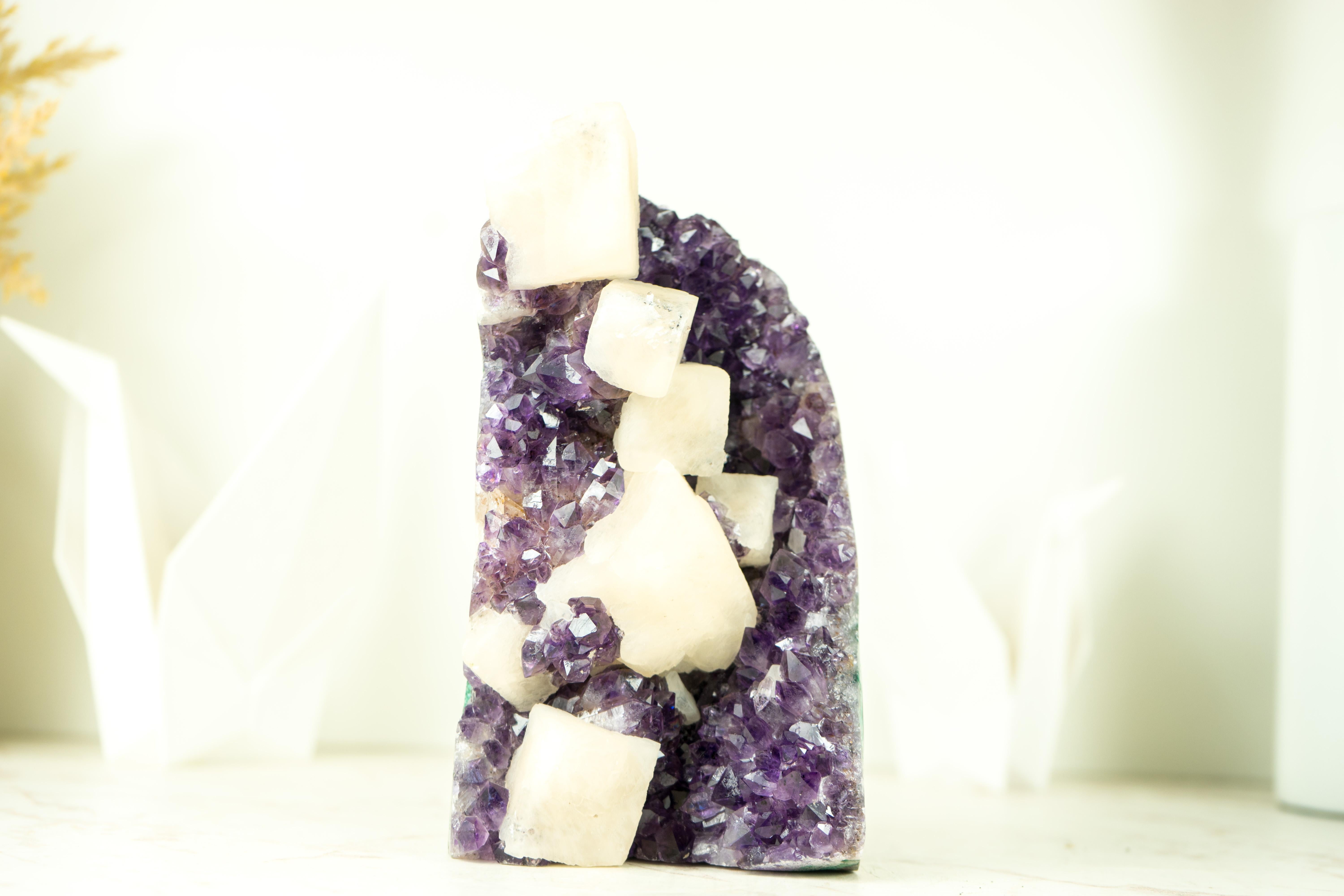 Amethyst Cluster with Cubic Geometrical Calcite and Deep Purple Druzy For Sale 7