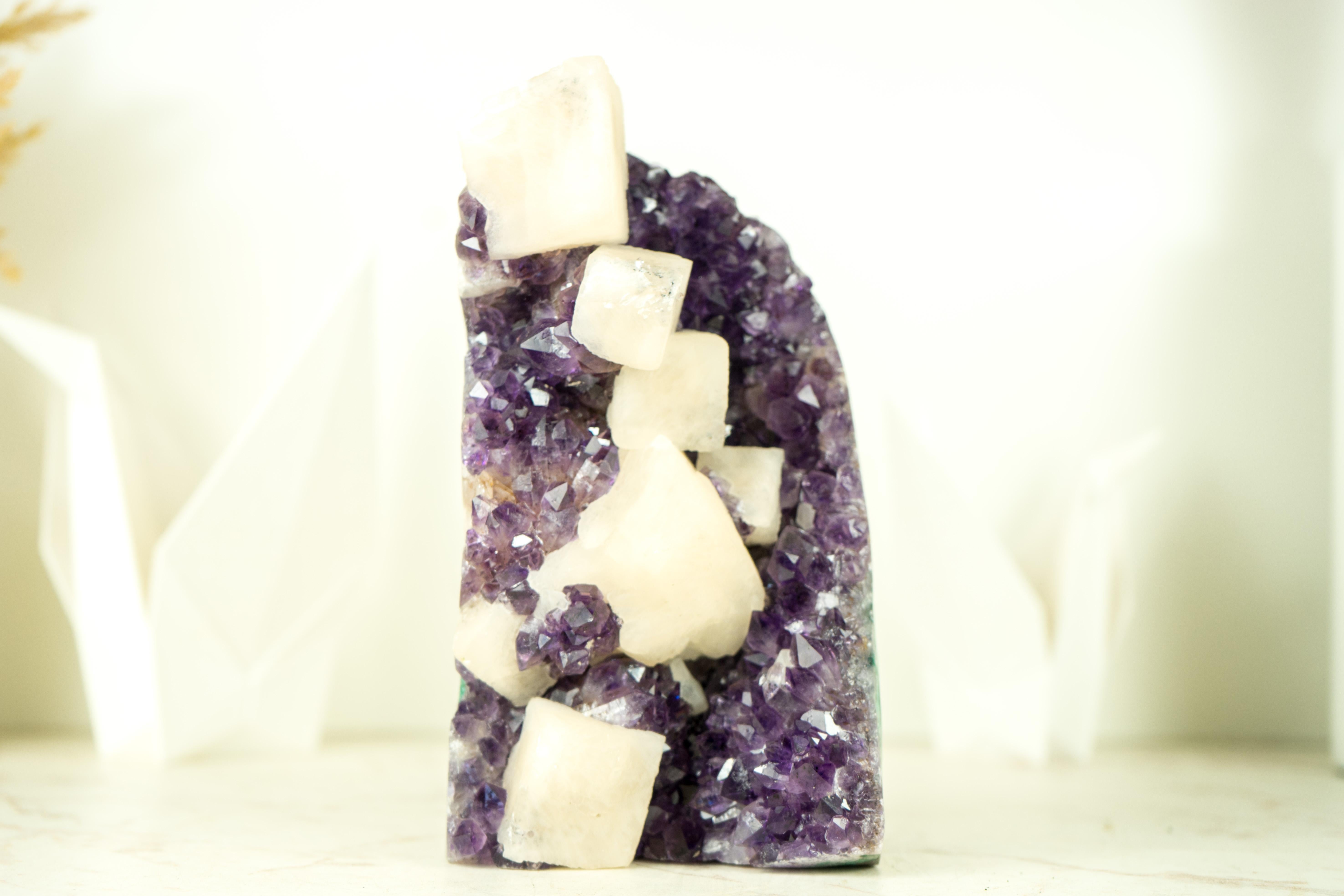 Amethyst Cluster with Cubic Geometrical Calcite and Deep Purple Druzy For Sale 8