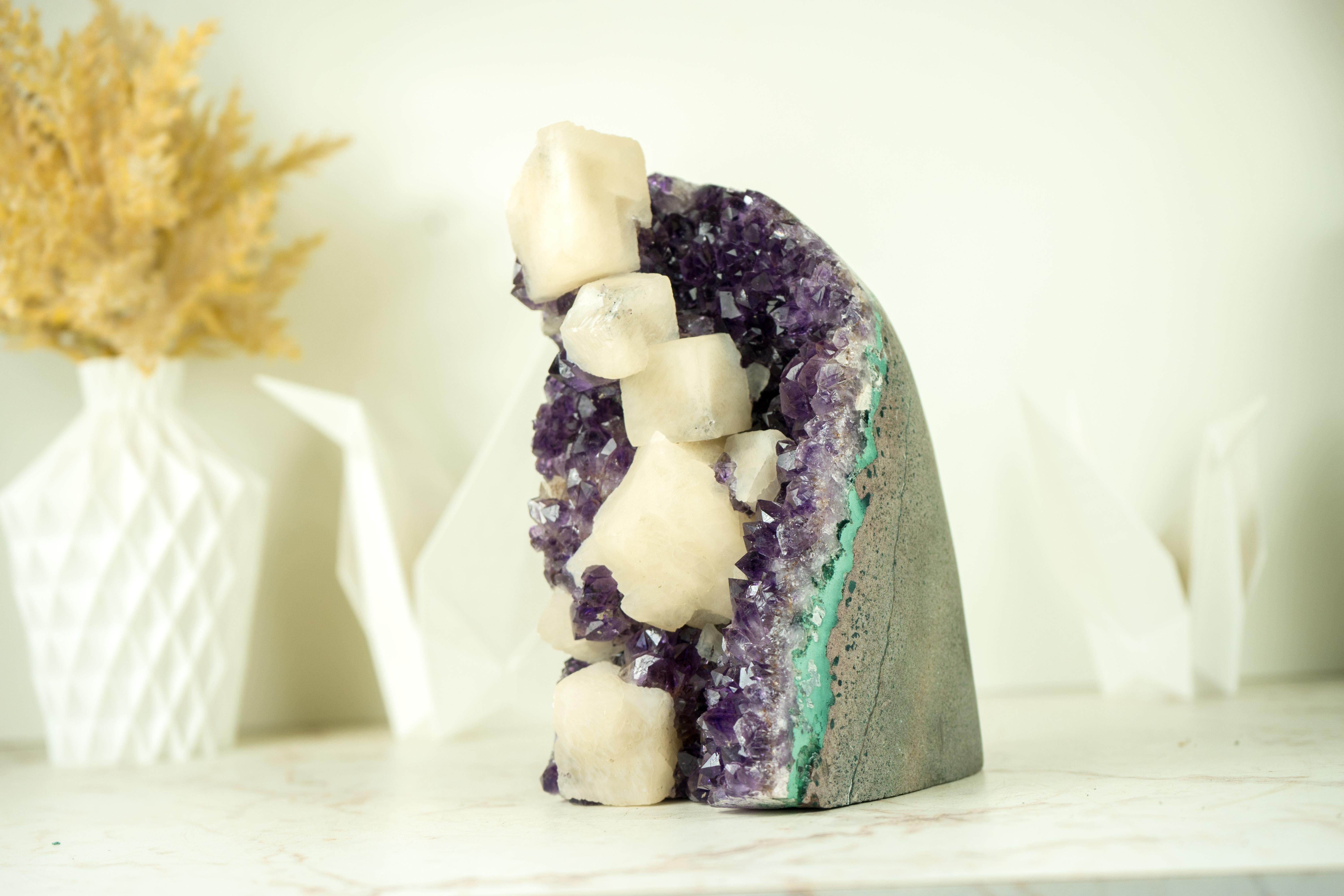 Contemporary Amethyst Cluster with Cubic Geometrical Calcite and Deep Purple Druzy For Sale