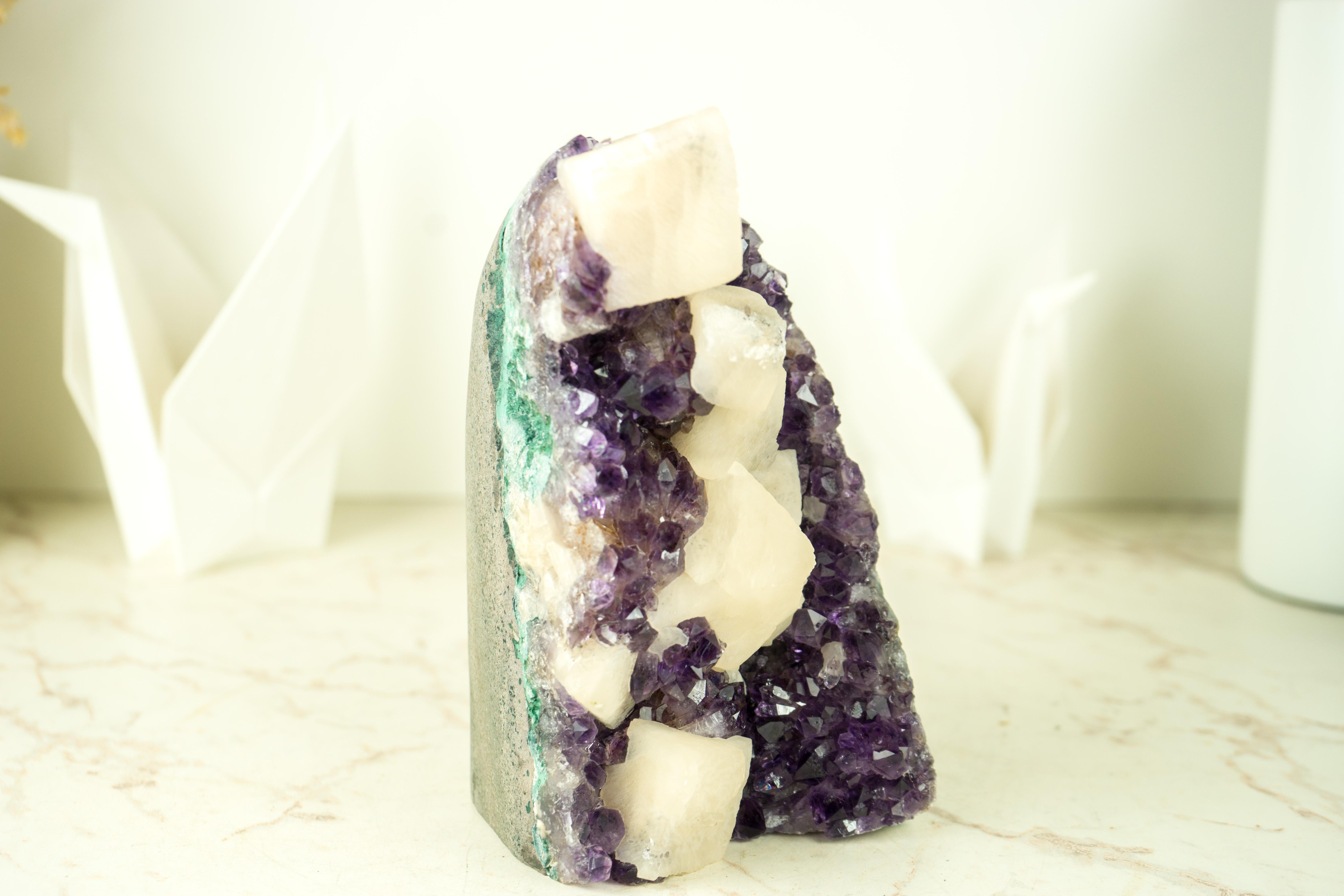 Amethyst Cluster with Cubic Geometrical Calcite and Deep Purple Druzy For Sale 2