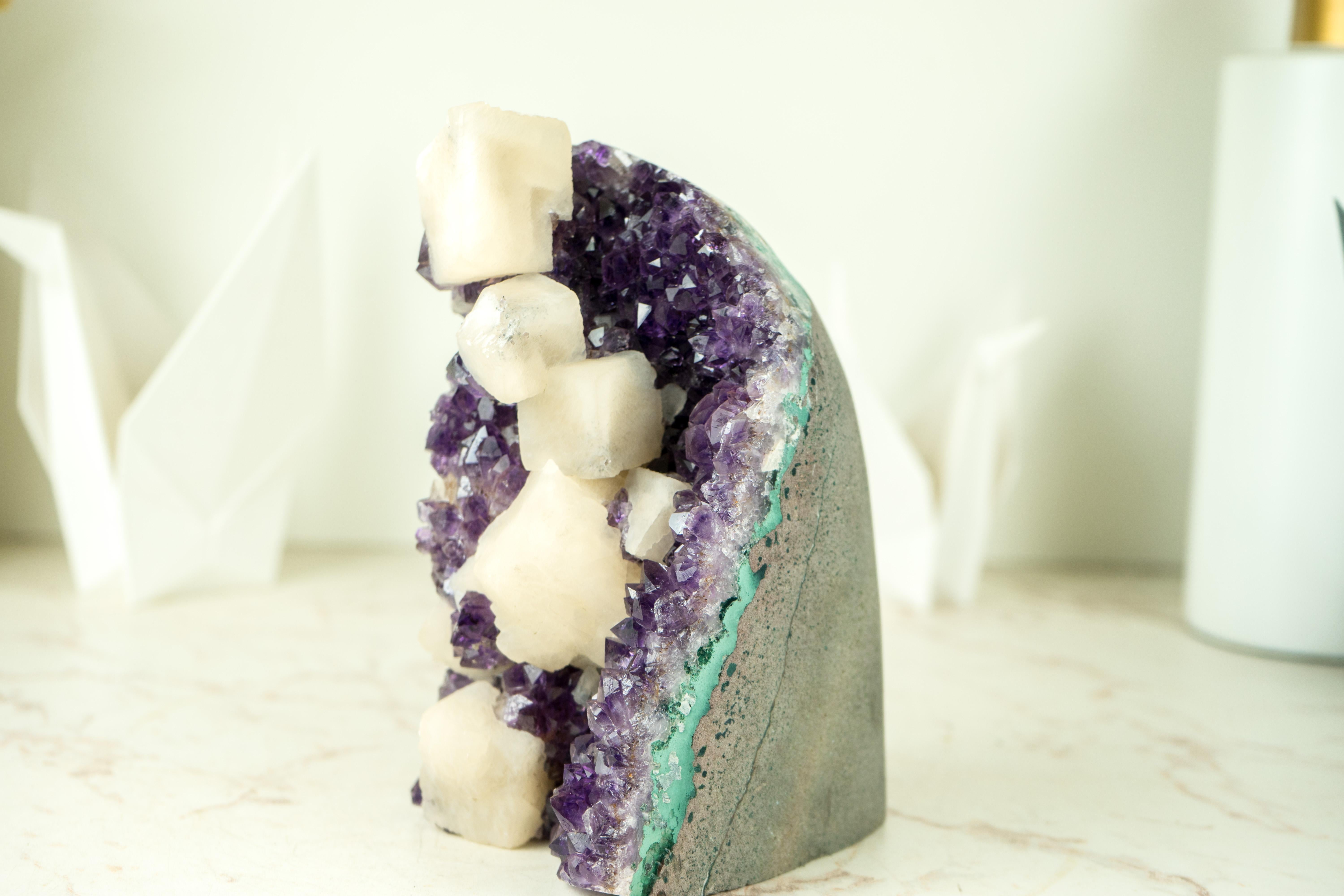 Amethyst Cluster with Cubic Geometrical Calcite and Deep Purple Druzy For Sale 3