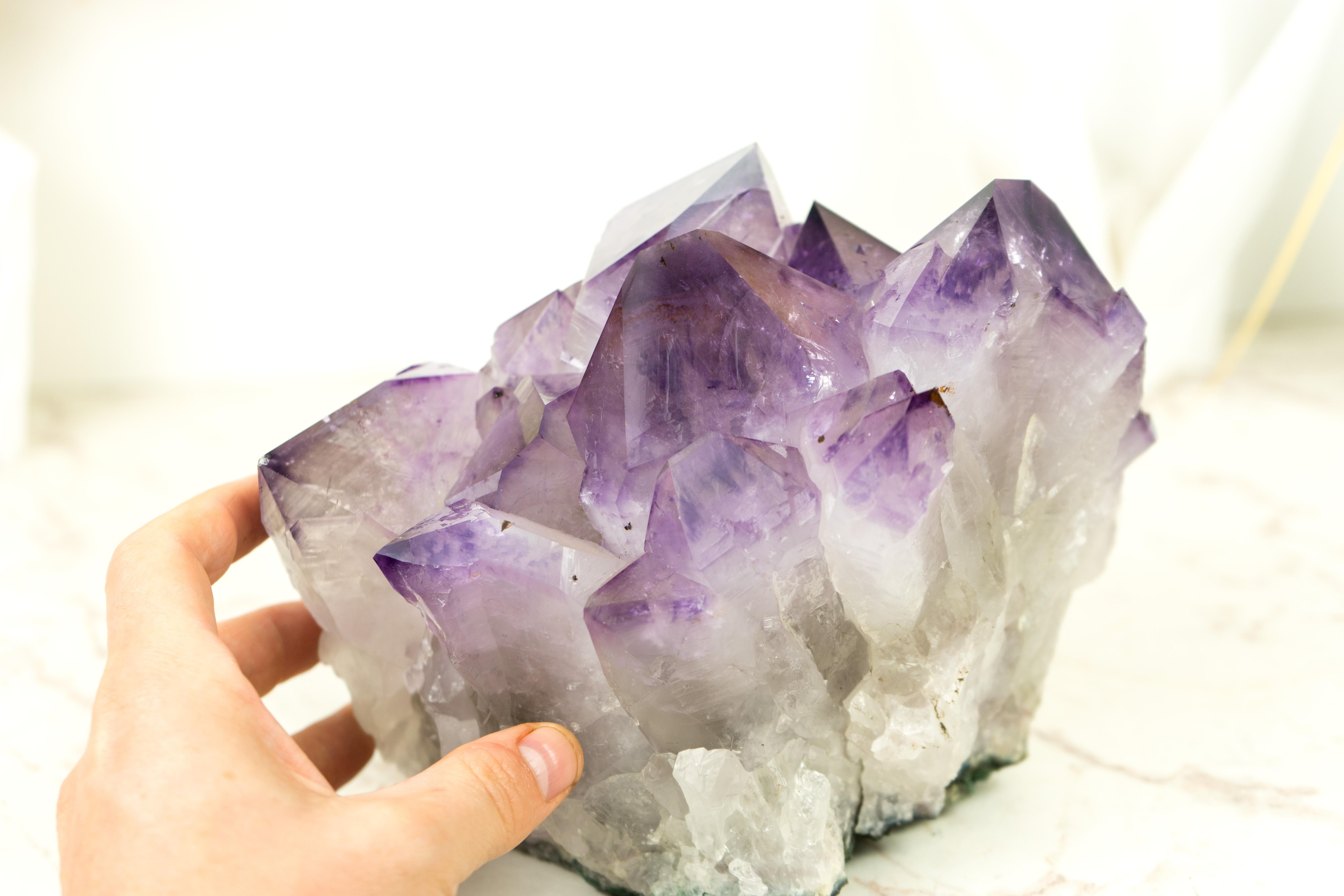 Amethyst Cluster with Intact Purple Phantom Crystal Points from Brazil In Excellent Condition For Sale In Ametista Do Sul, BR