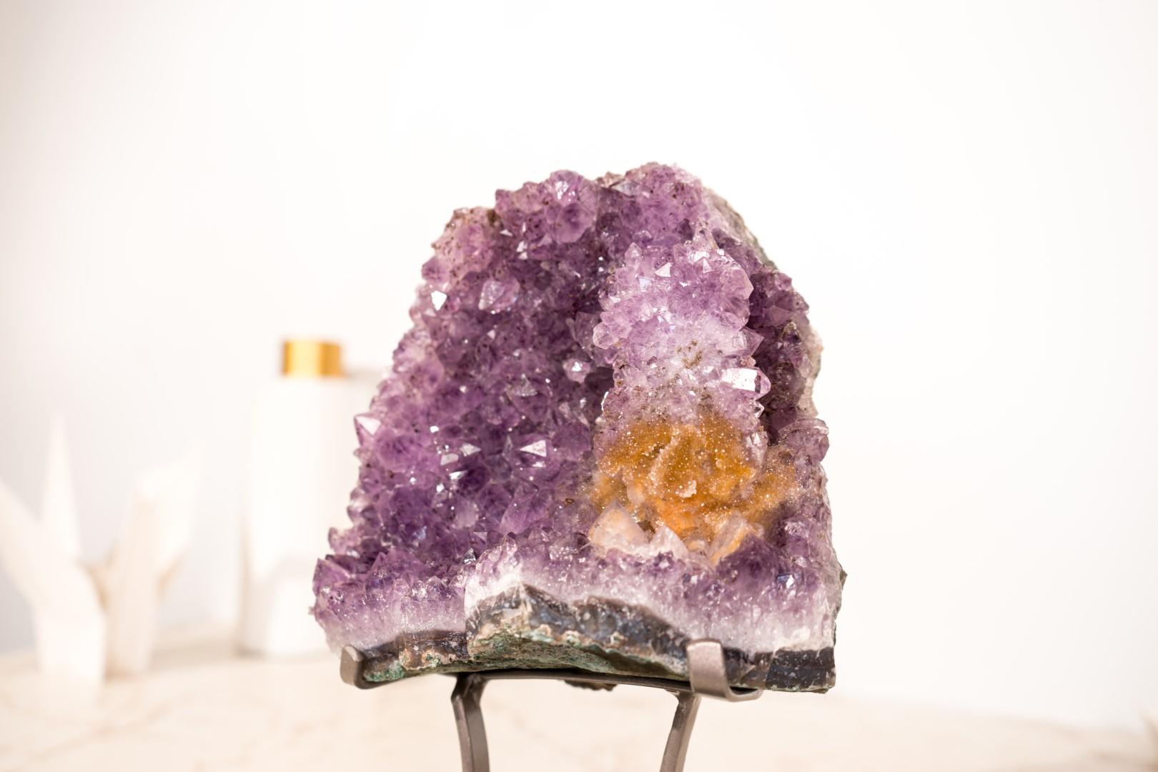 Cluster di ametista con rara placca di rosetta di ametista e goethite dorata in vendita 4