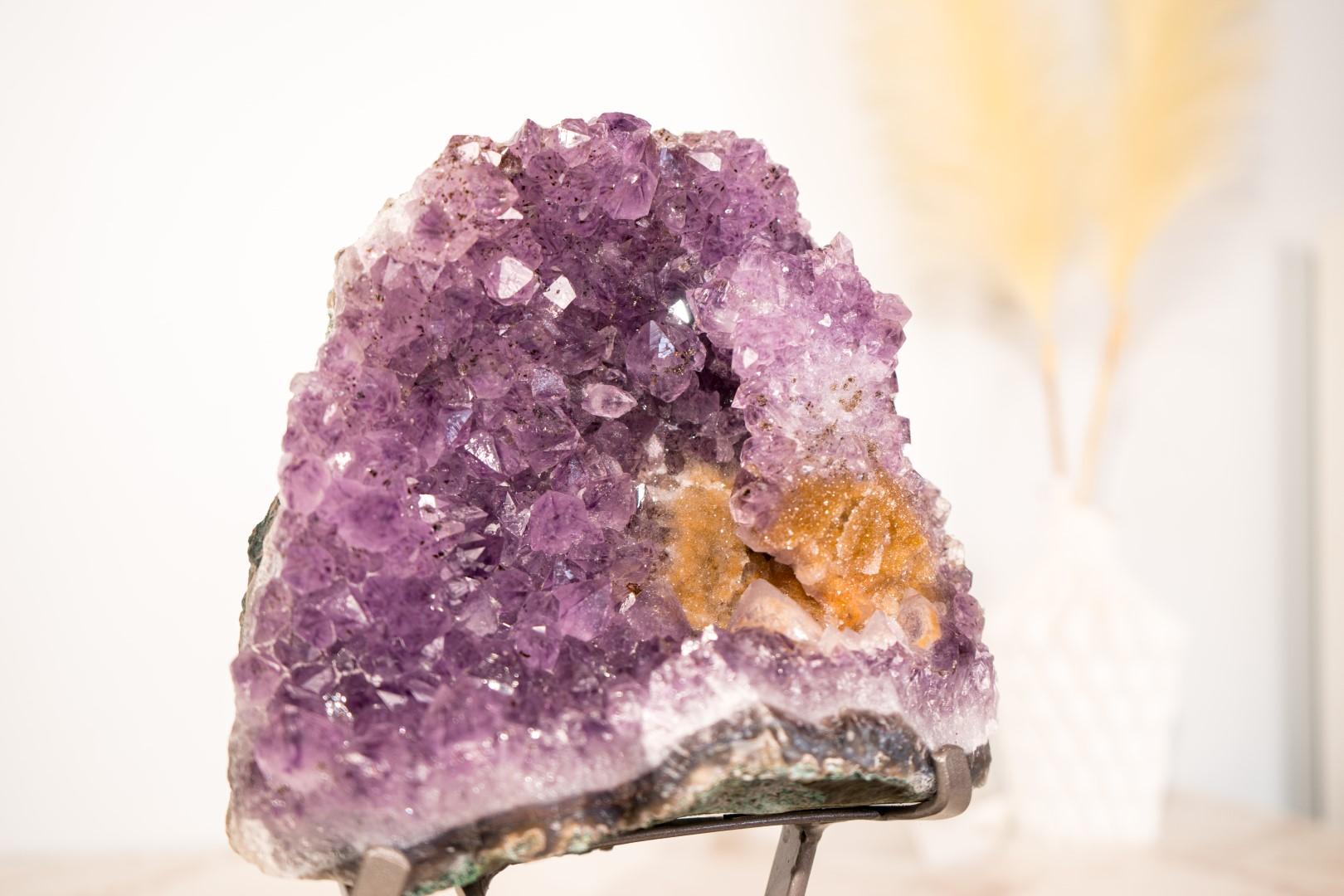 Cluster di ametista con rara placca di rosetta di ametista e goethite dorata in vendita 5