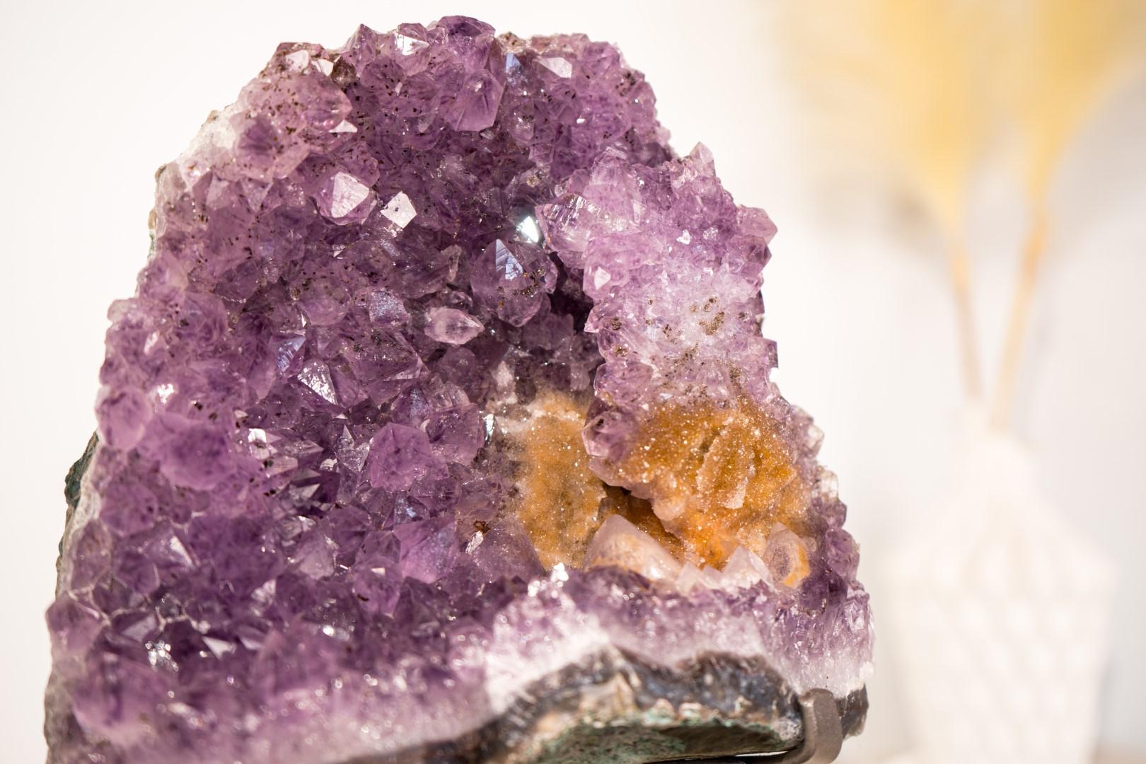 Cluster di ametista con rara placca di rosetta di ametista e goethite dorata in vendita 6