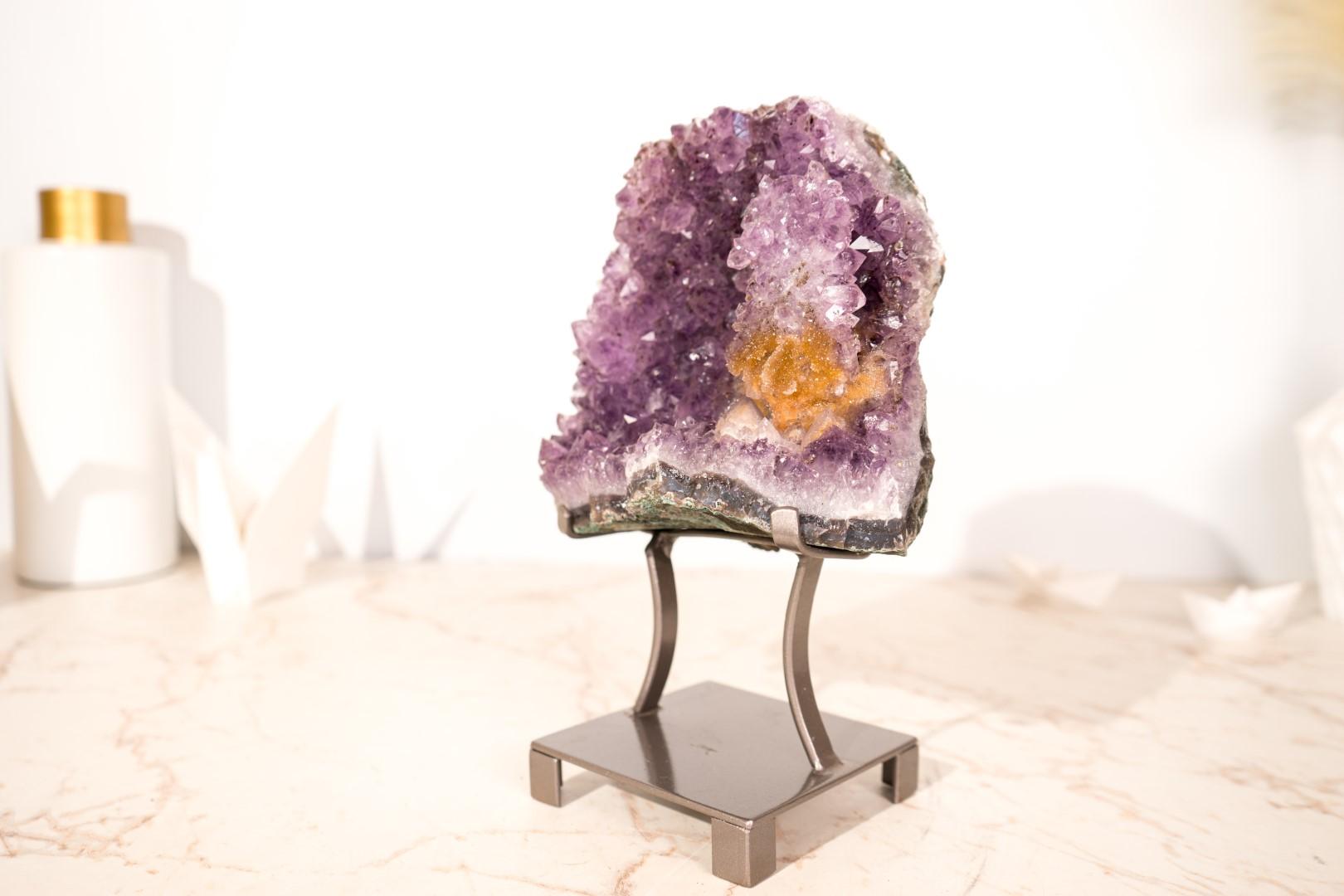 Cluster di ametista con rara placca di rosetta di ametista e goethite dorata in vendita 11